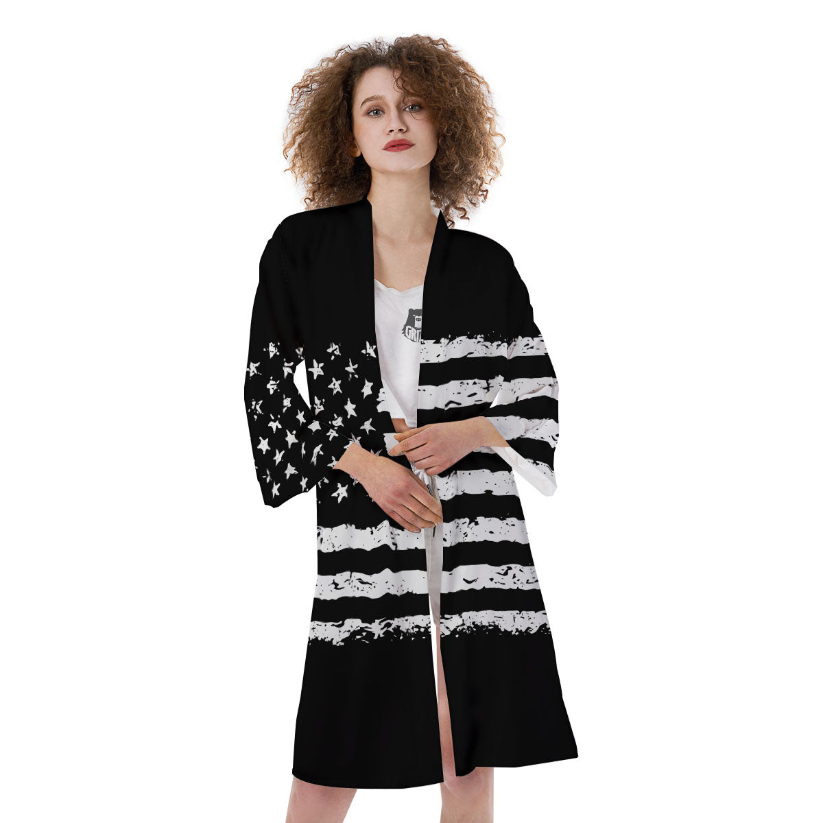 American Flag Black Print Kimono-grizzshop