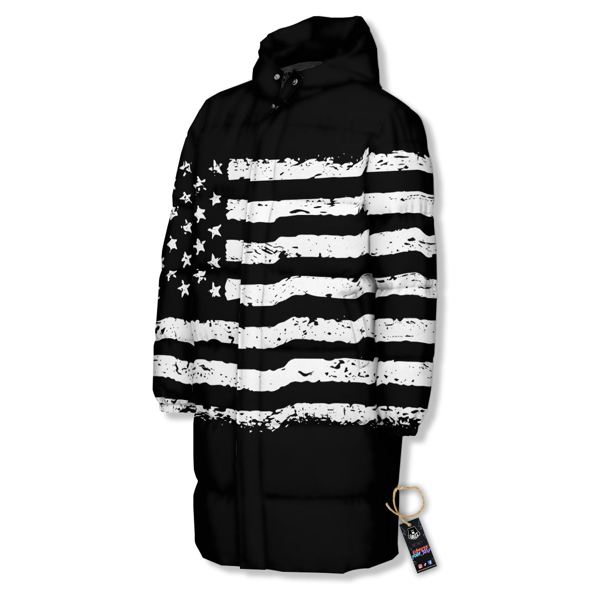 American Flag Black Print Long Down Jacket-grizzshop