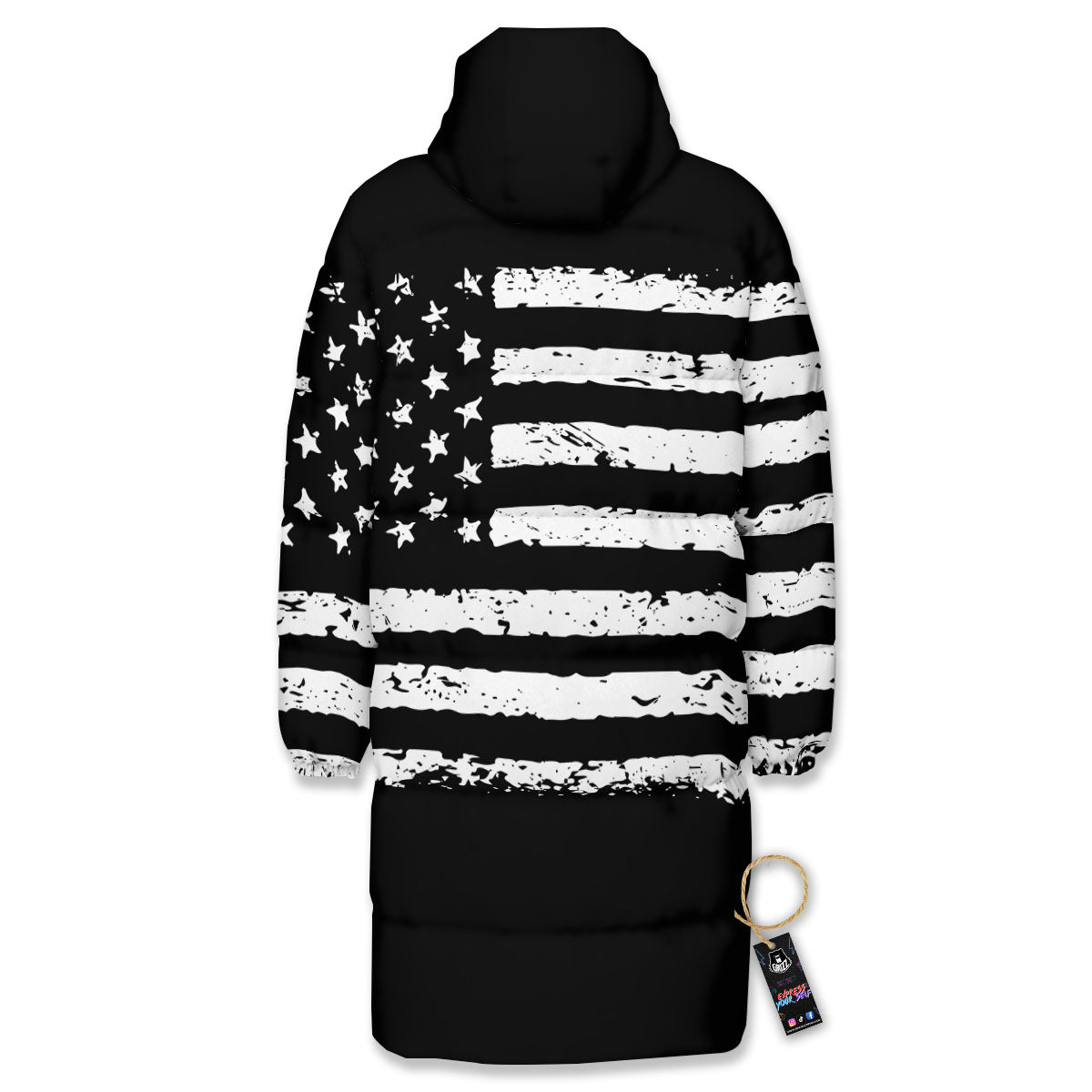 American Flag Black Print Long Down Jacket-grizzshop