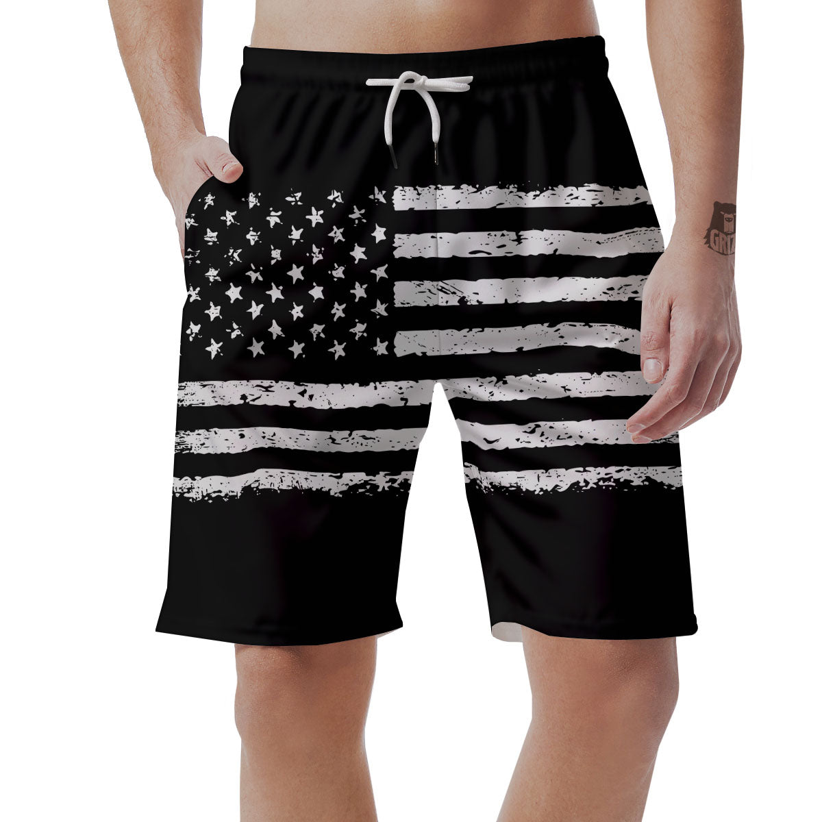 American Flag Black Print Men's Shorts-grizzshop