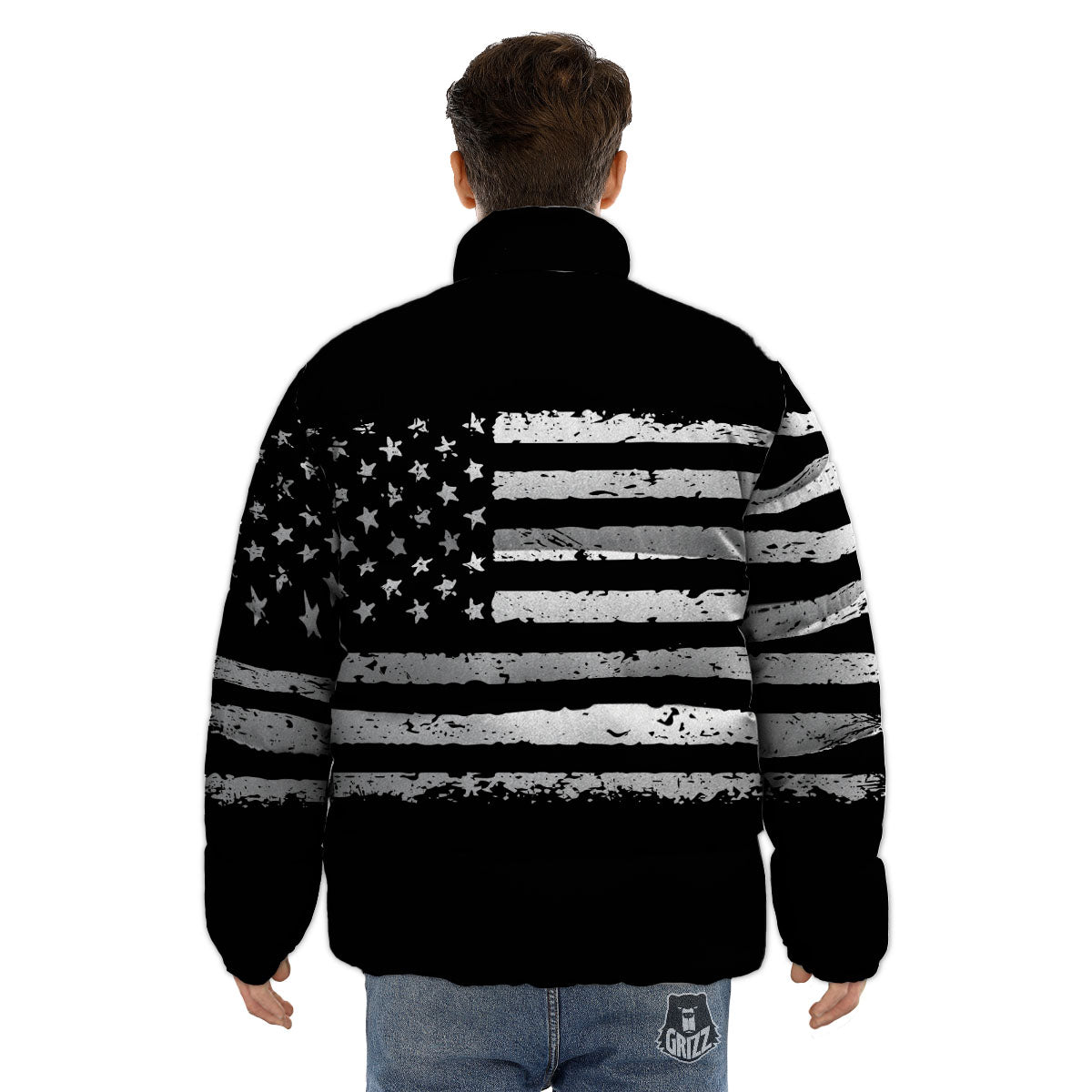 American Flag Black Print Puffer Jacket-grizzshop