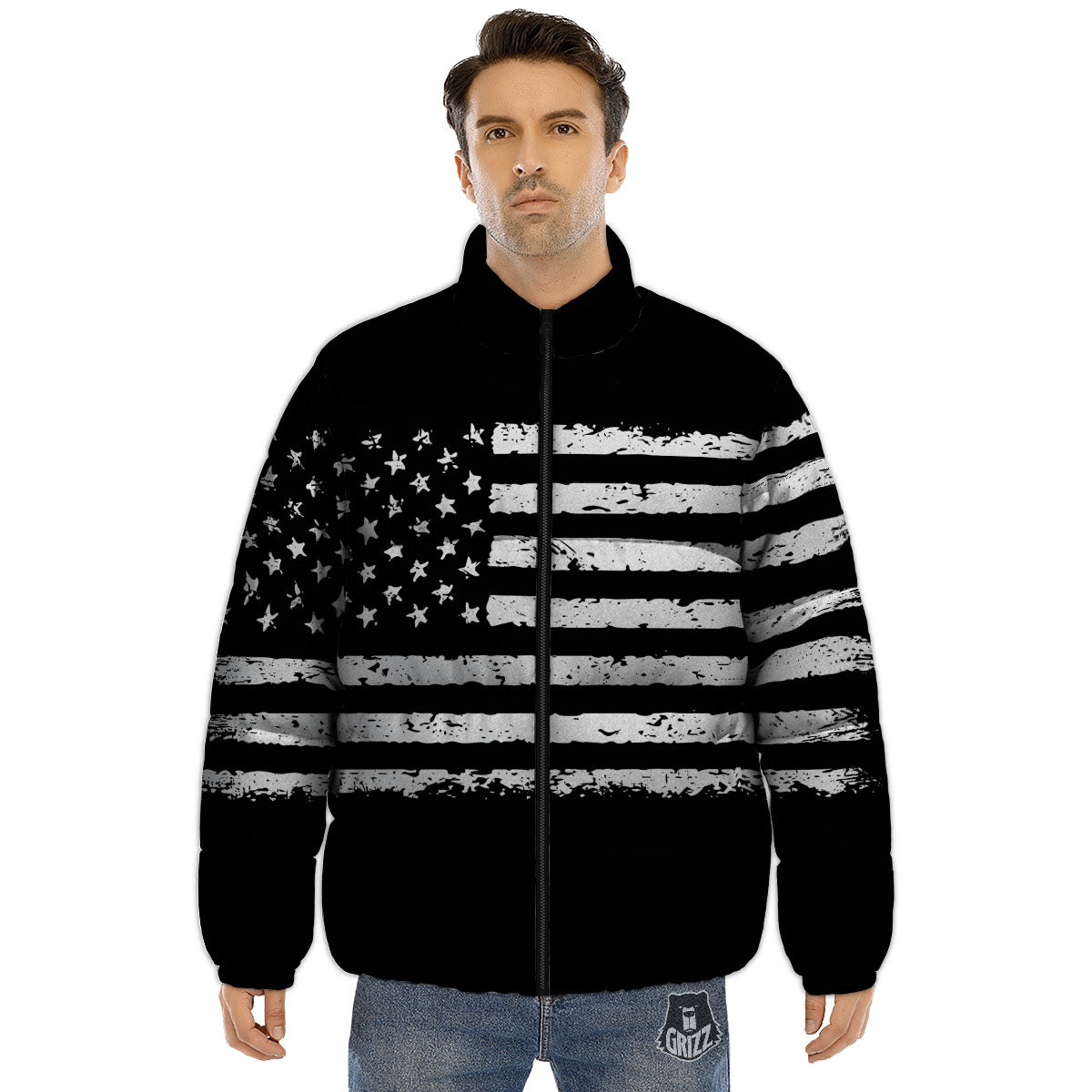 American Flag Black Print Puffer Jacket-grizzshop