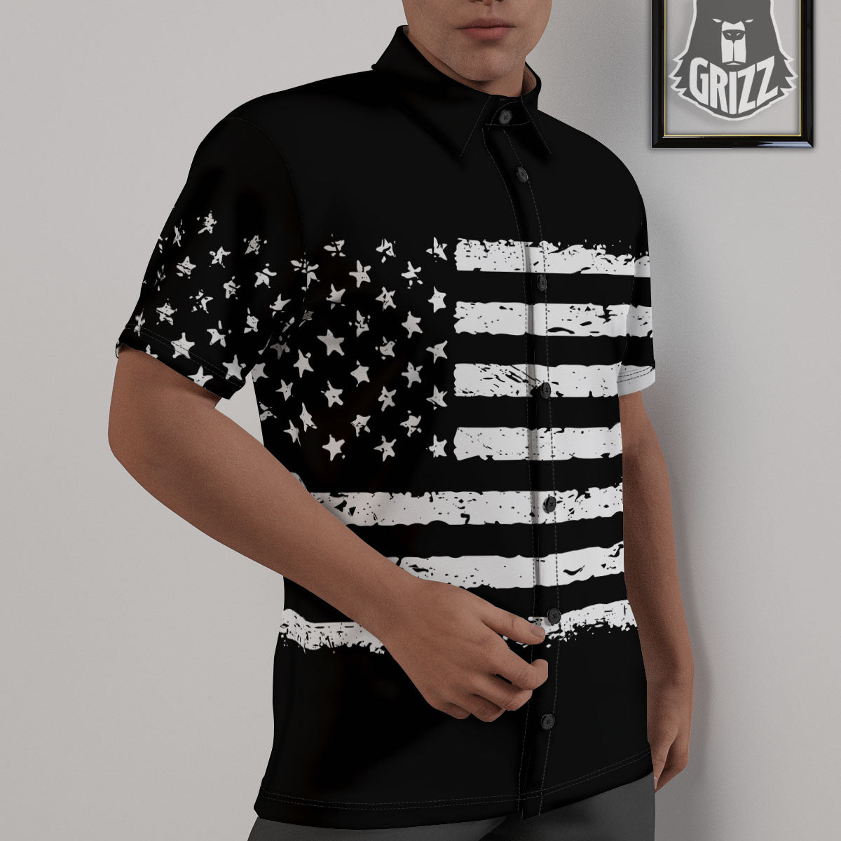 American Flag Black Print Untucked Shirts-grizzshop