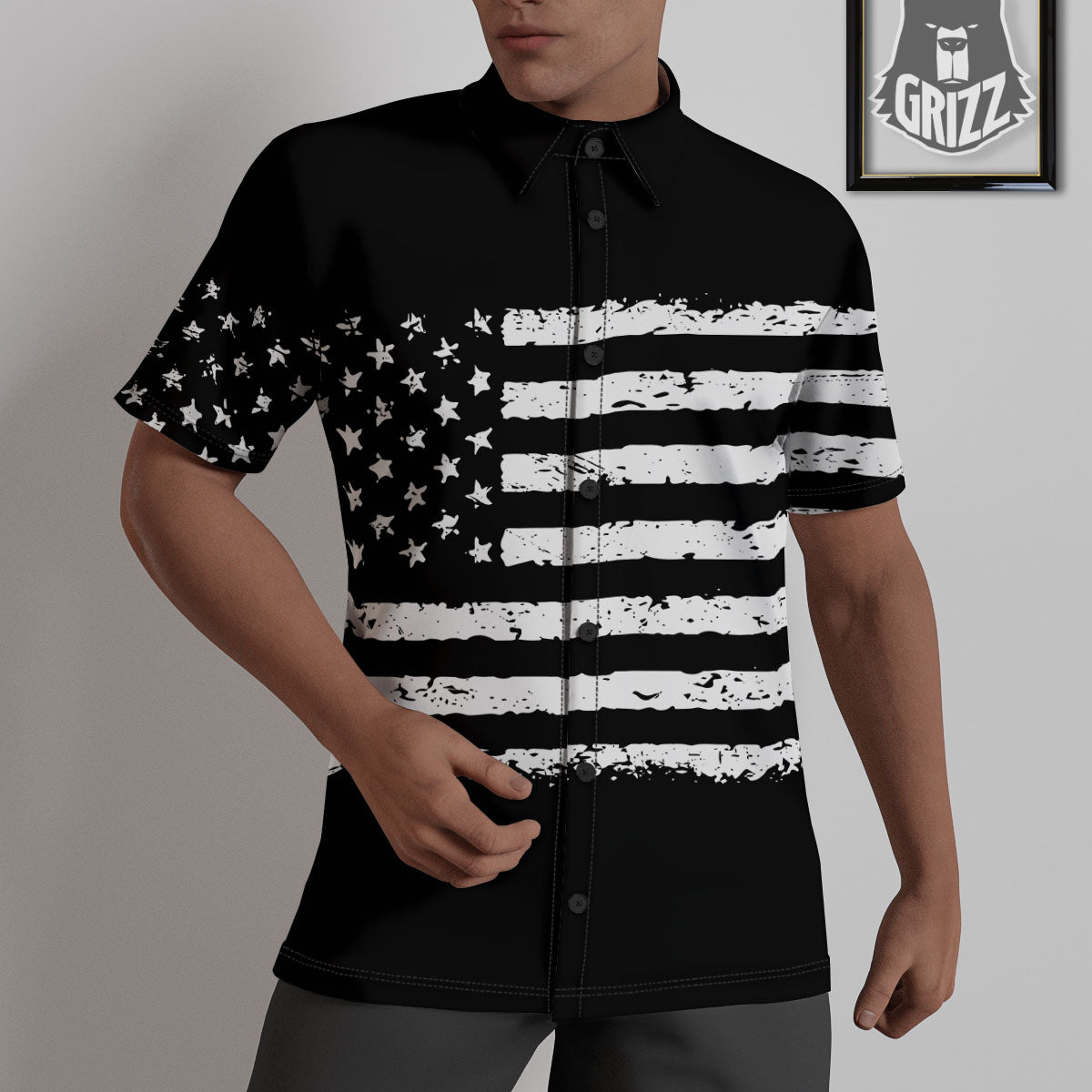 American Flag Black Print Untucked Shirts-grizzshop
