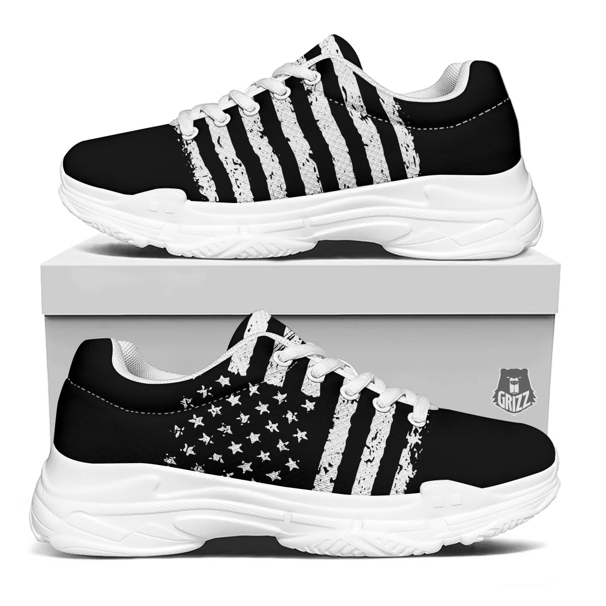 American Flag Black Print White Chunky Shoes-grizzshop