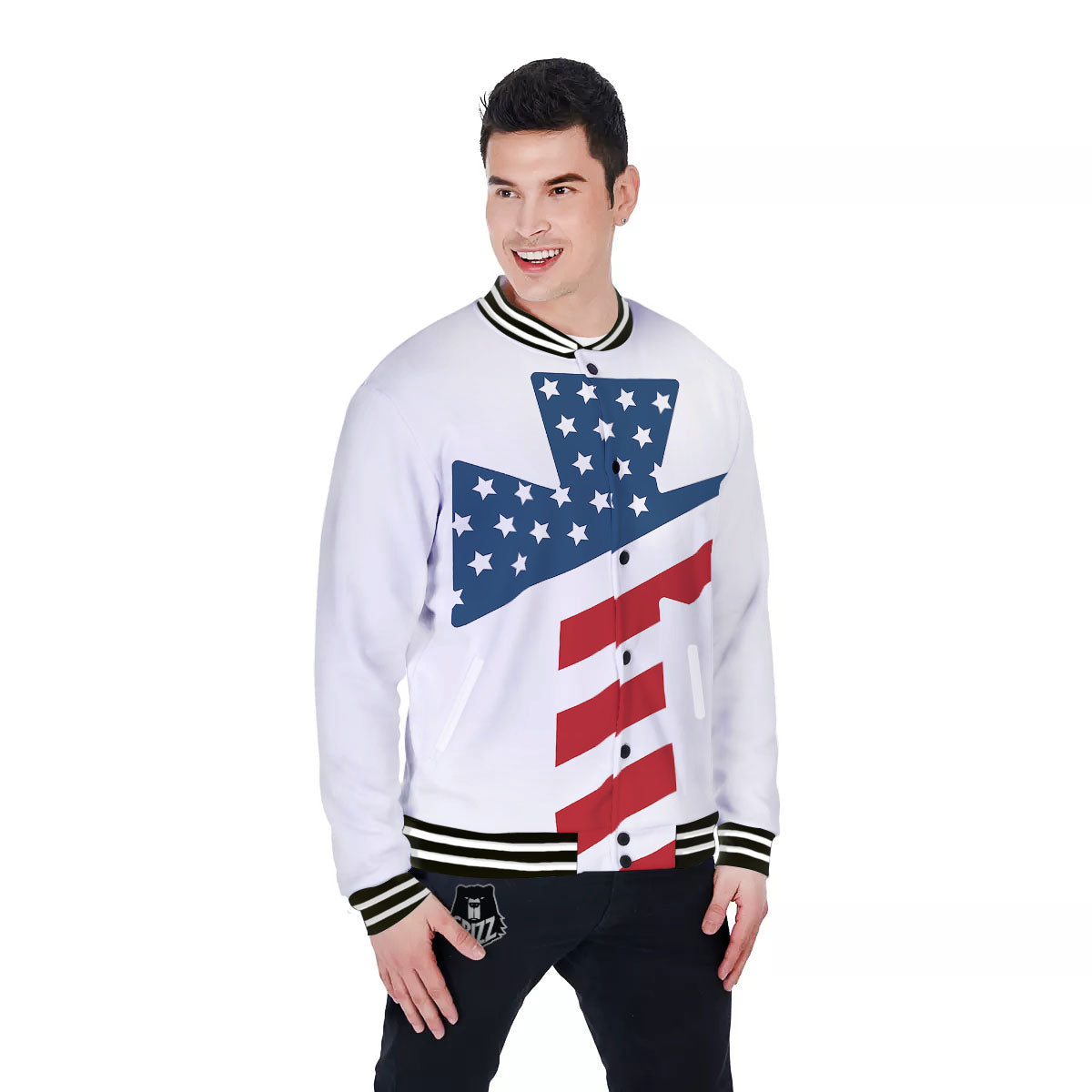American Flag Christian Cross Print Baseball Jacket-grizzshop