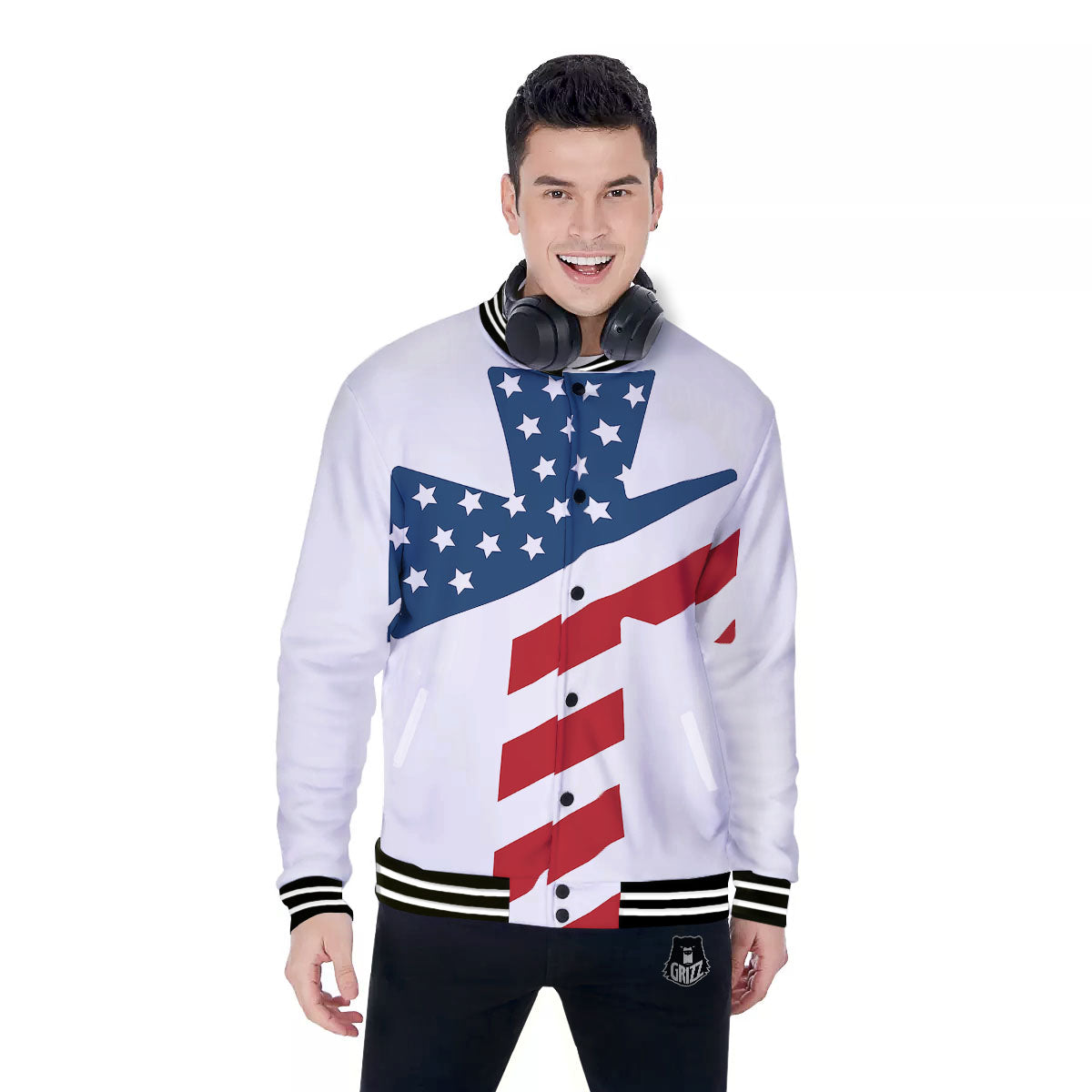American Flag Christian Cross Print Baseball Jacket-grizzshop