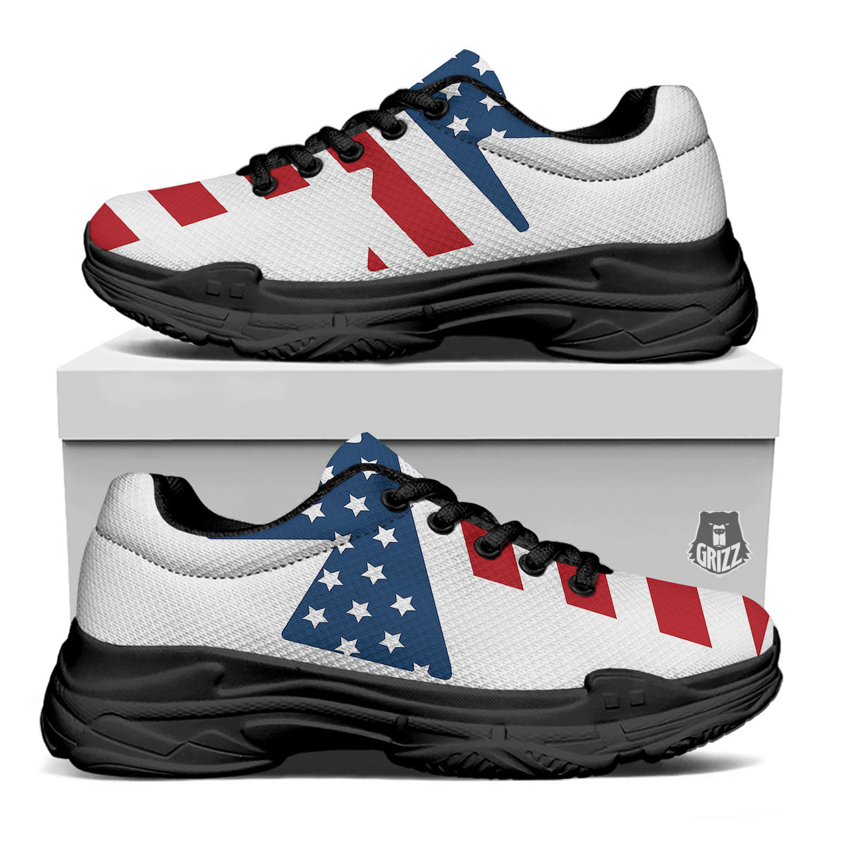 American Flag Christian Cross Print Black Chunky Shoes-grizzshop