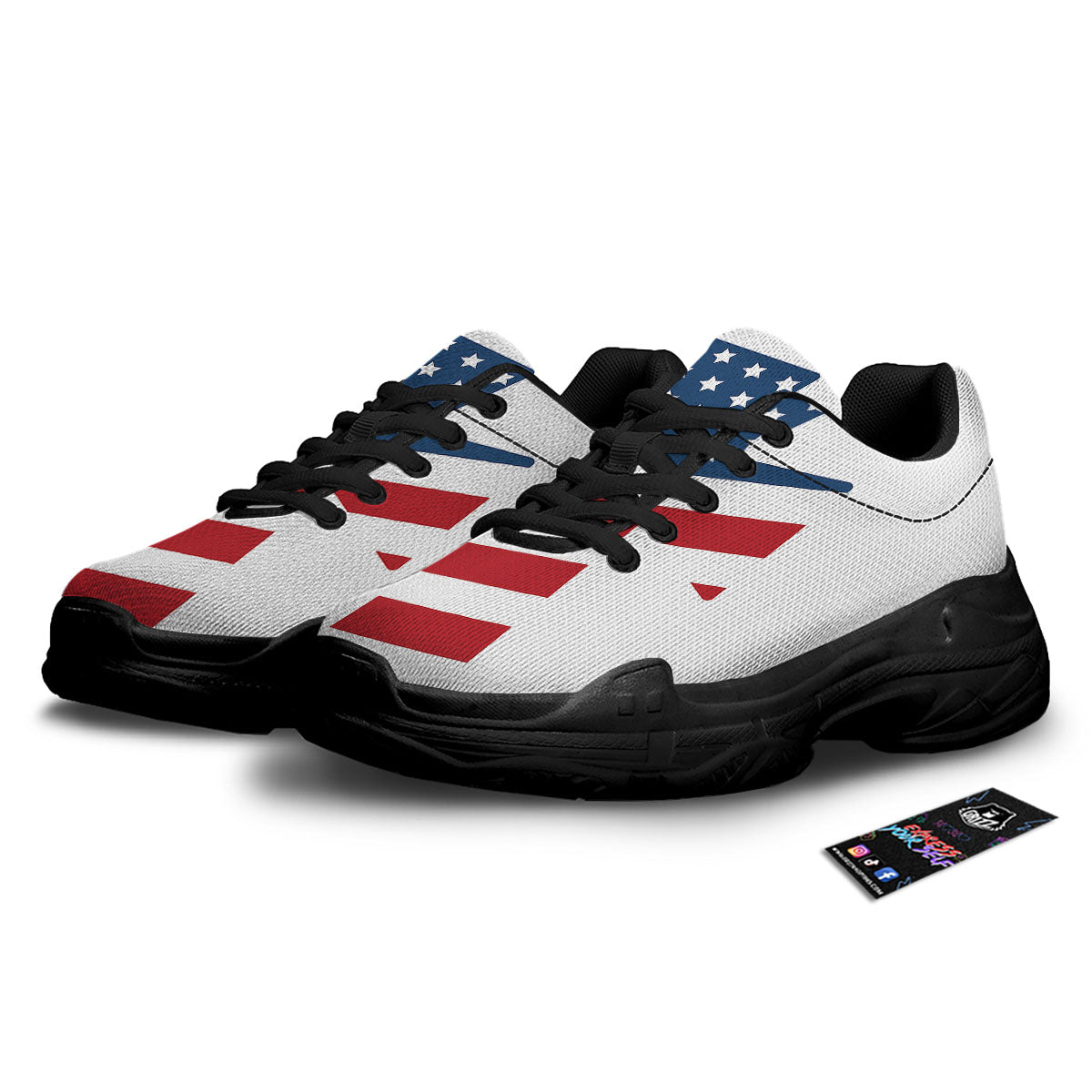 American Flag Christian Cross Print Black Chunky Shoes-grizzshop