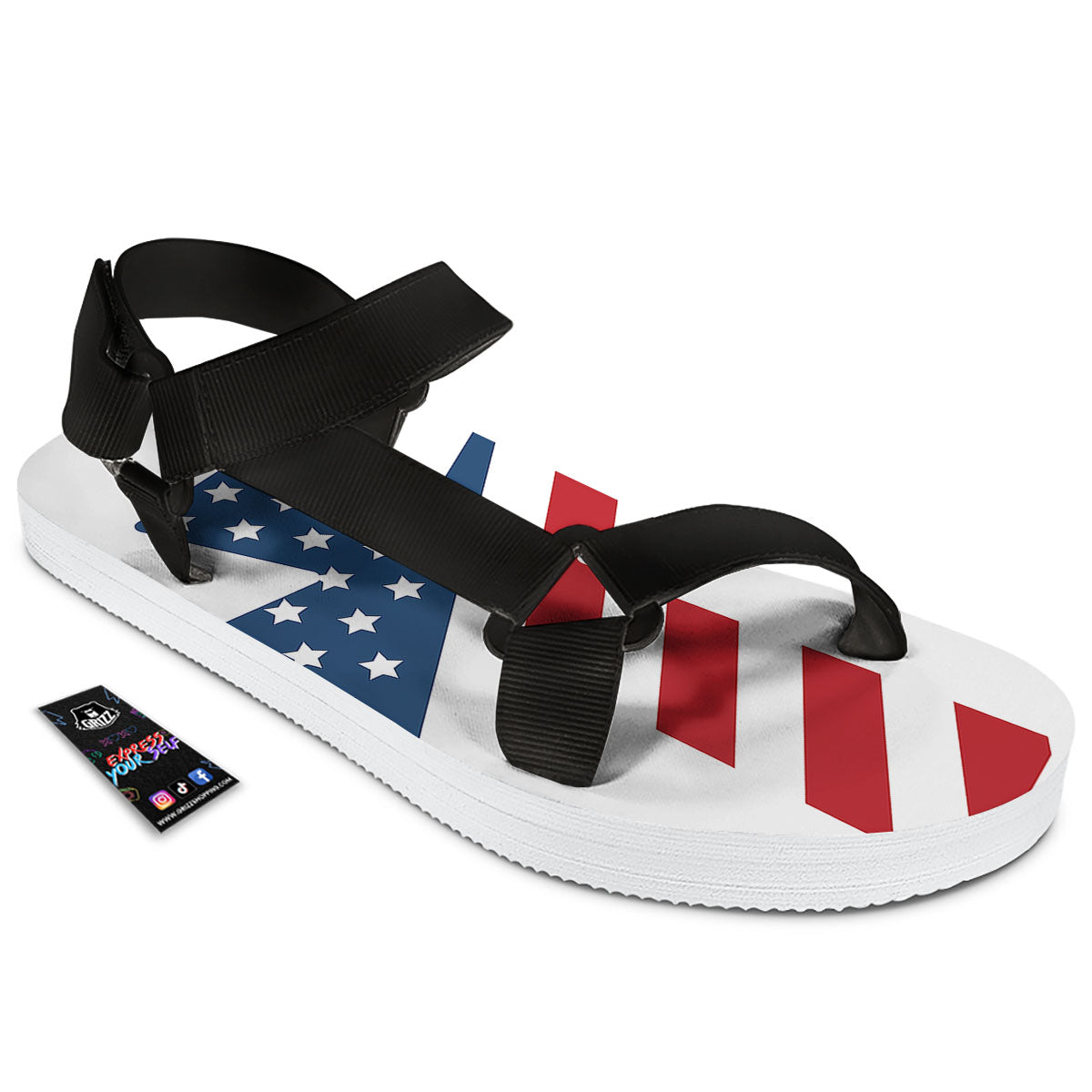 American Flag Christian Cross Print Black Open Toe Sandals-grizzshop