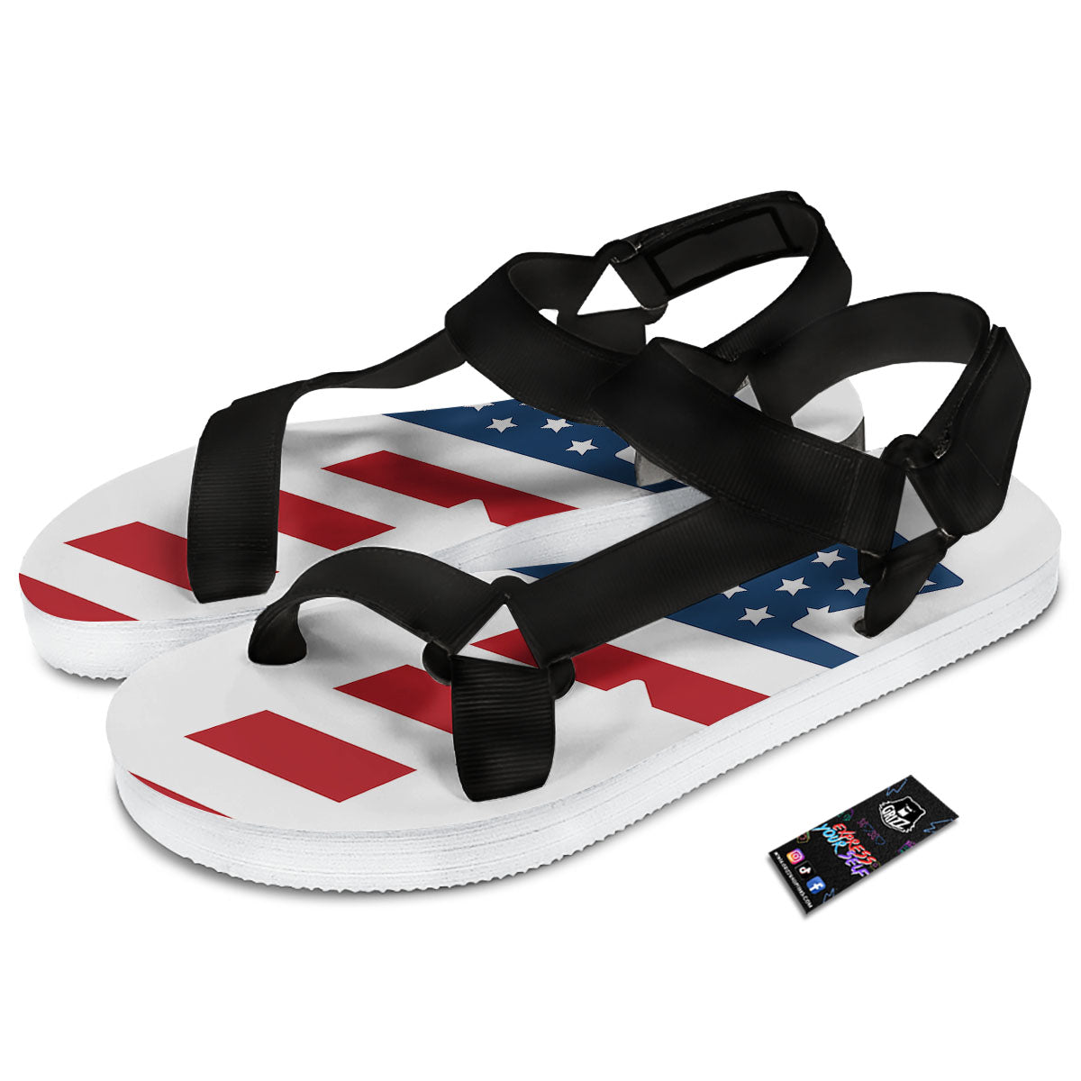 American Flag Christian Cross Print Black Open Toe Sandals-grizzshop