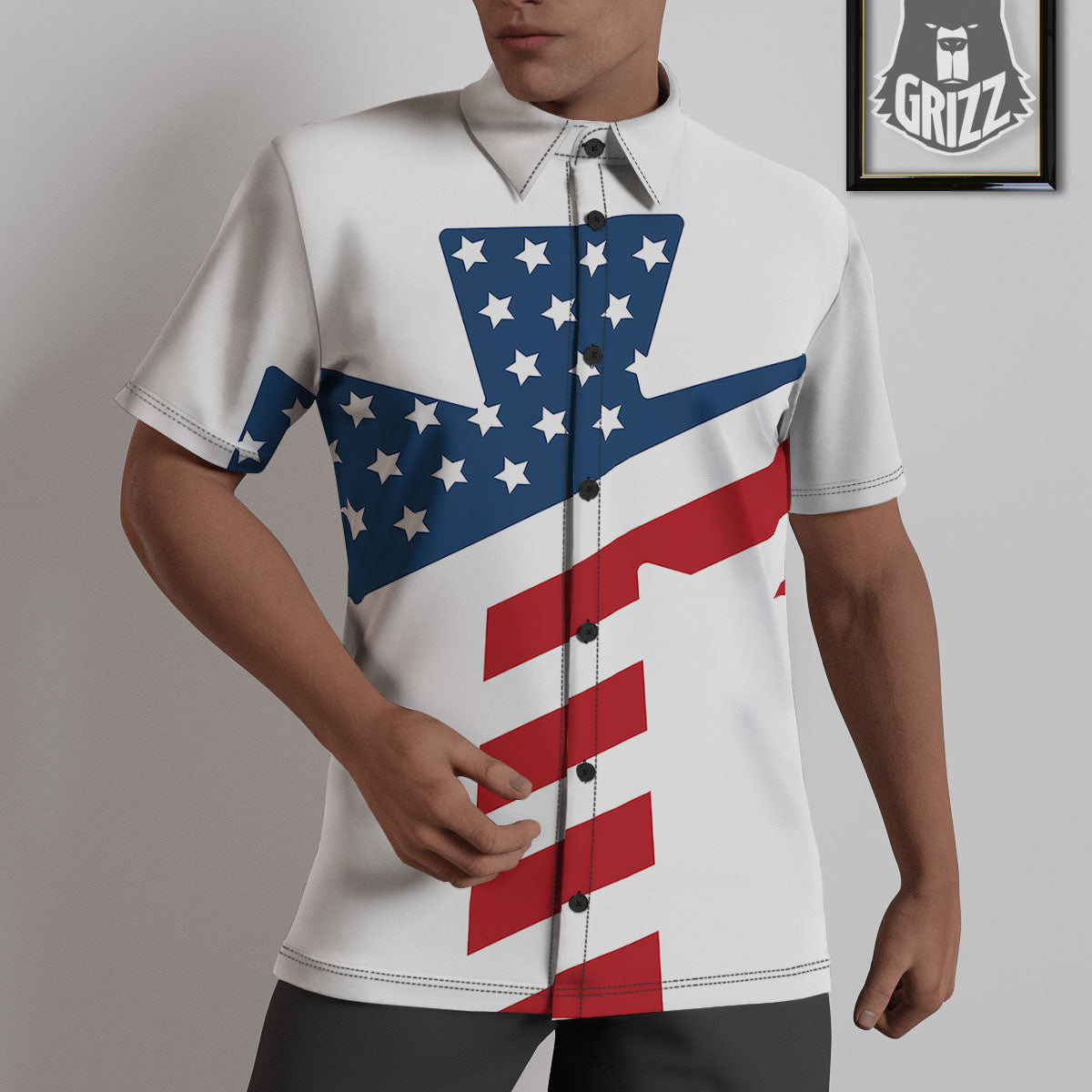 American Flag Christian Cross Print Untucked Shirts-grizzshop