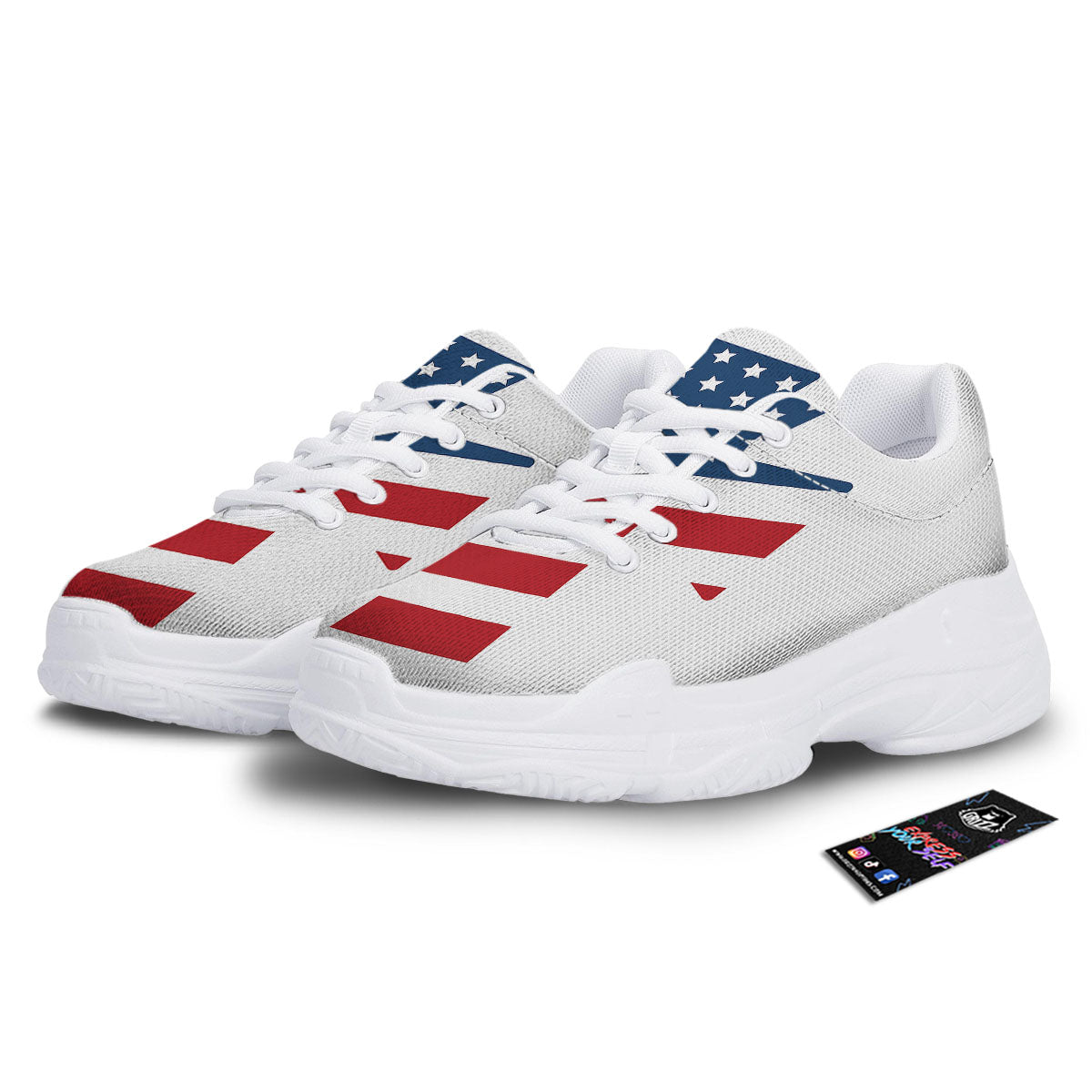 American Flag Christian Cross Print White Chunky Shoes-grizzshop