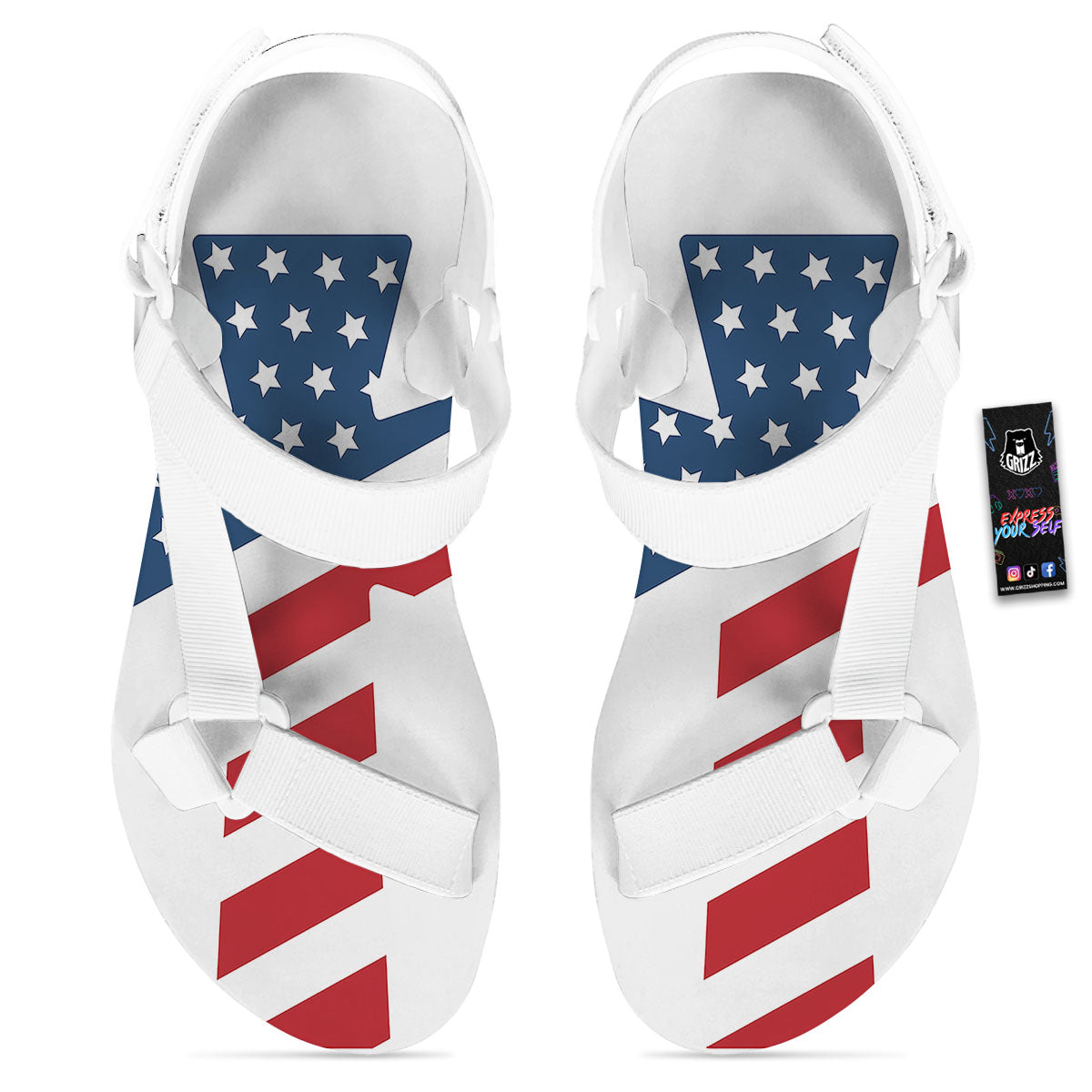 American Flag Christian Cross Print White Open Toe Sandals-grizzshop
