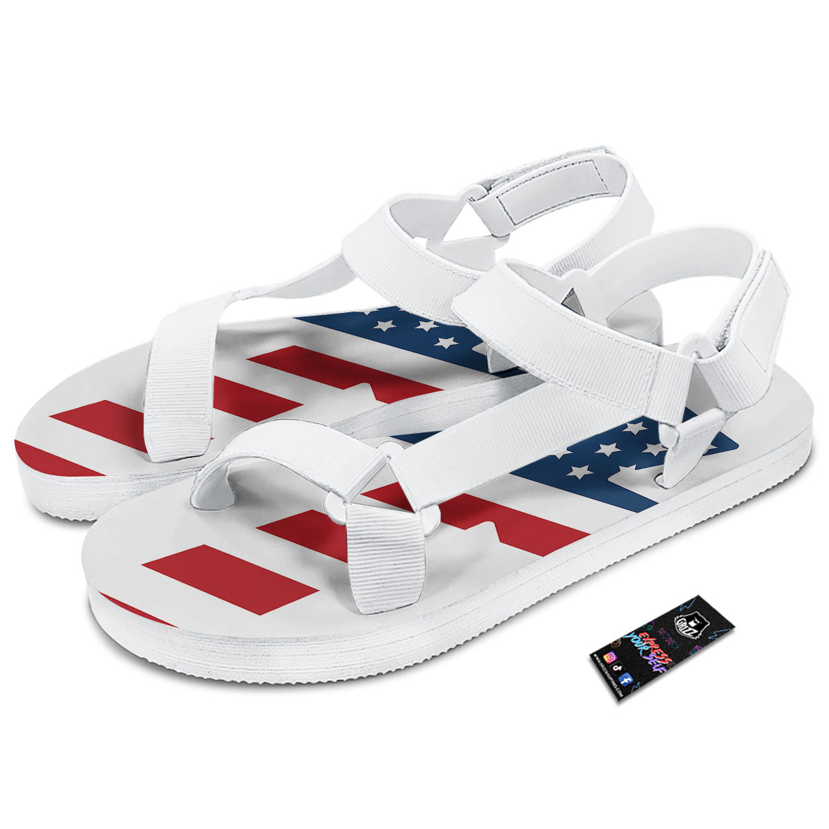 American Flag Christian Cross Print White Open Toe Sandals-grizzshop