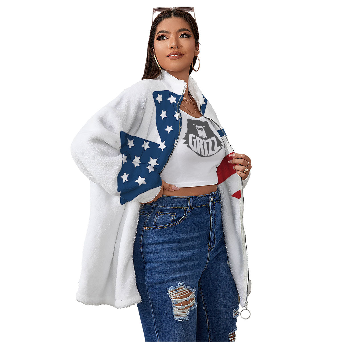 American Flag Christian Cross Print Women's Sherpa Jacket-grizzshop