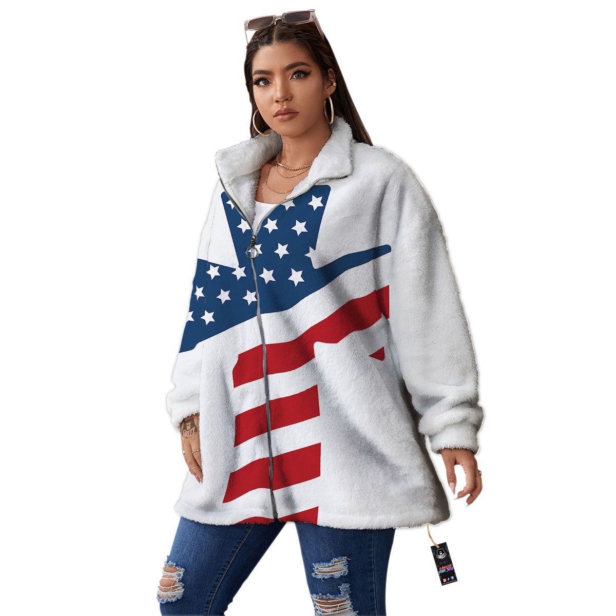 American Flag Christian Cross Print Women's Sherpa Jacket-grizzshop
