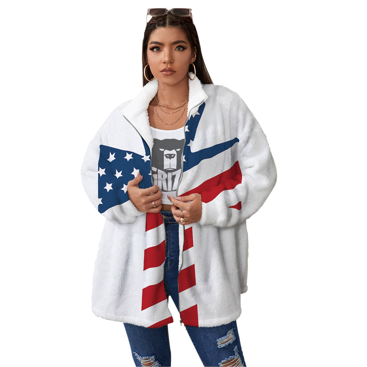 American Flag Christian Cross Print Women's Sherpa Jacket-grizzshop
