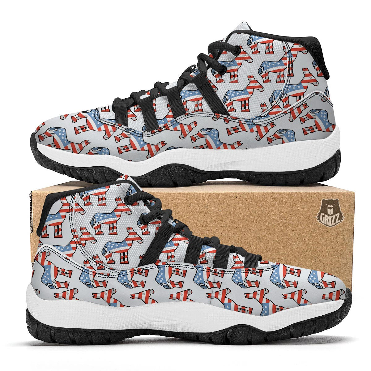 American Flag Donkey Pattern Print Black Bball Shoes-grizzshop