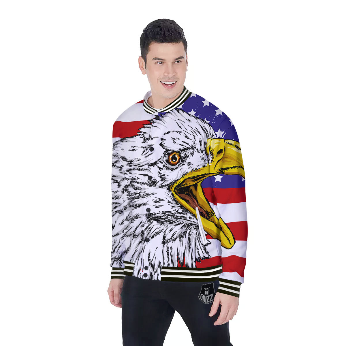 American Flag Eagle Print Baseball Jacket-grizzshop