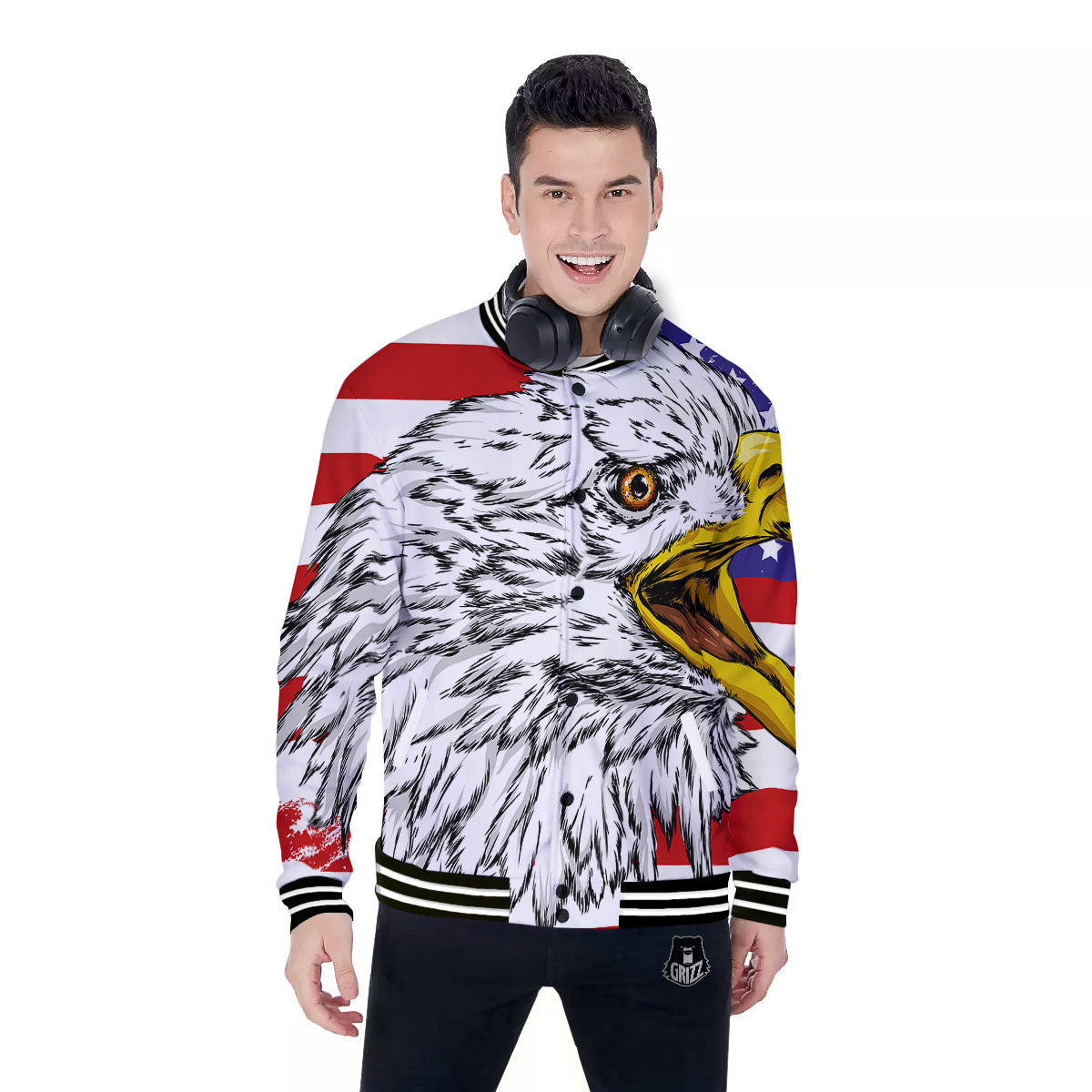 American Flag Eagle Print Baseball Jacket-grizzshop