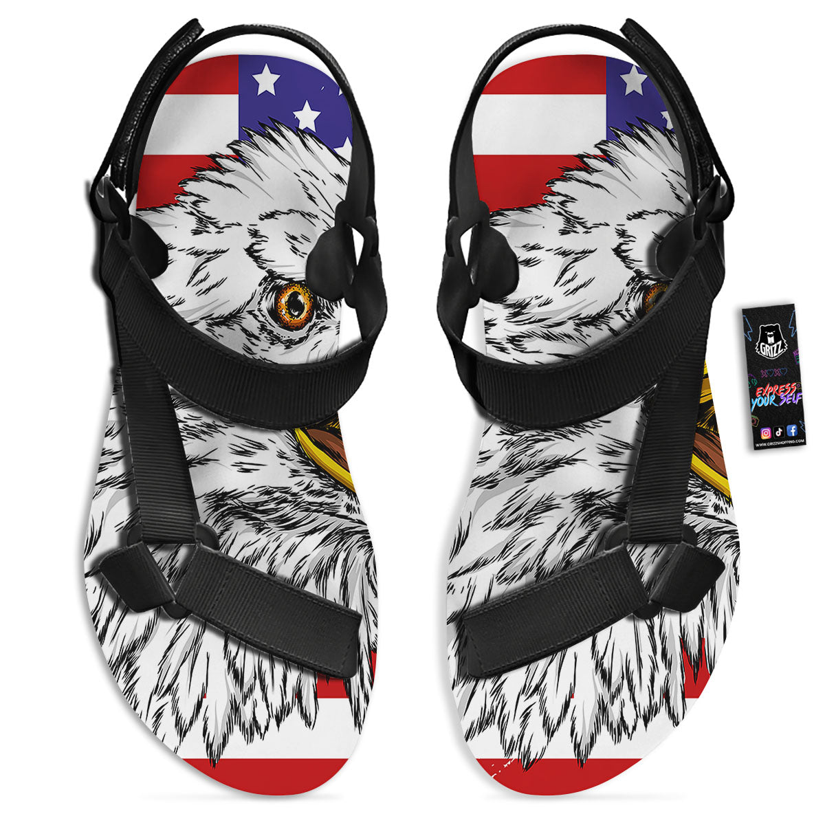 American Flag Eagle Print Black Open Toe Sandals-grizzshop