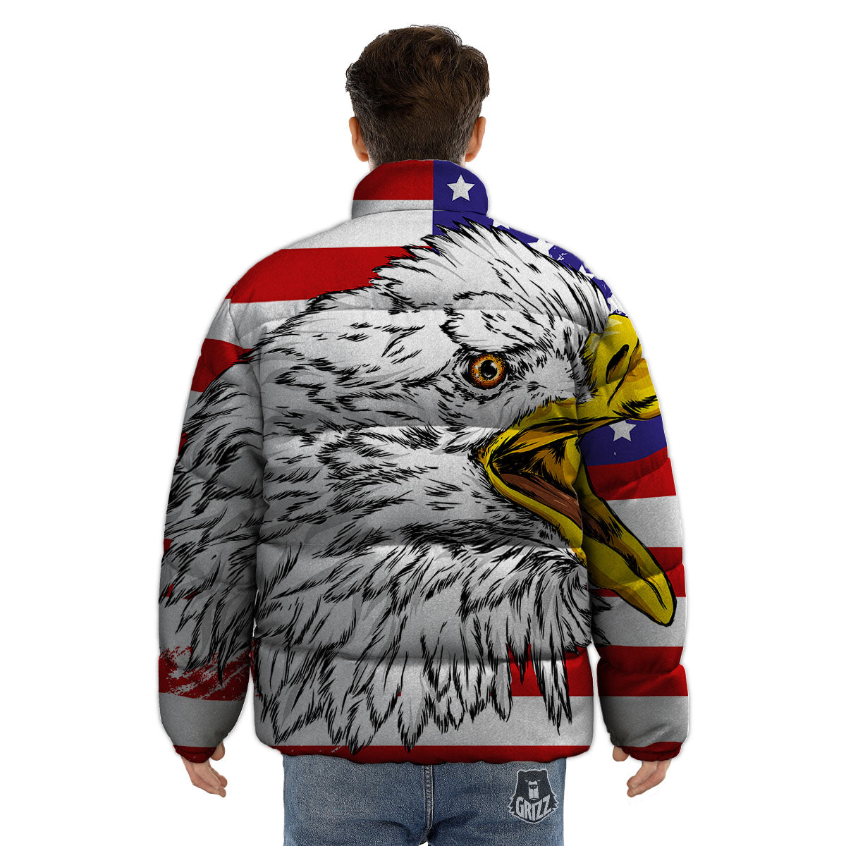 American Flag Eagle Print Puffer Jacket-grizzshop