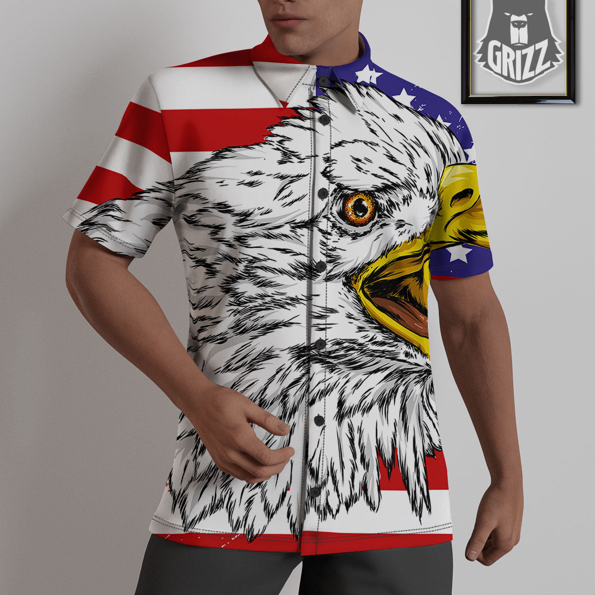 American Flag Eagle Print Untucked Shirts-grizzshop