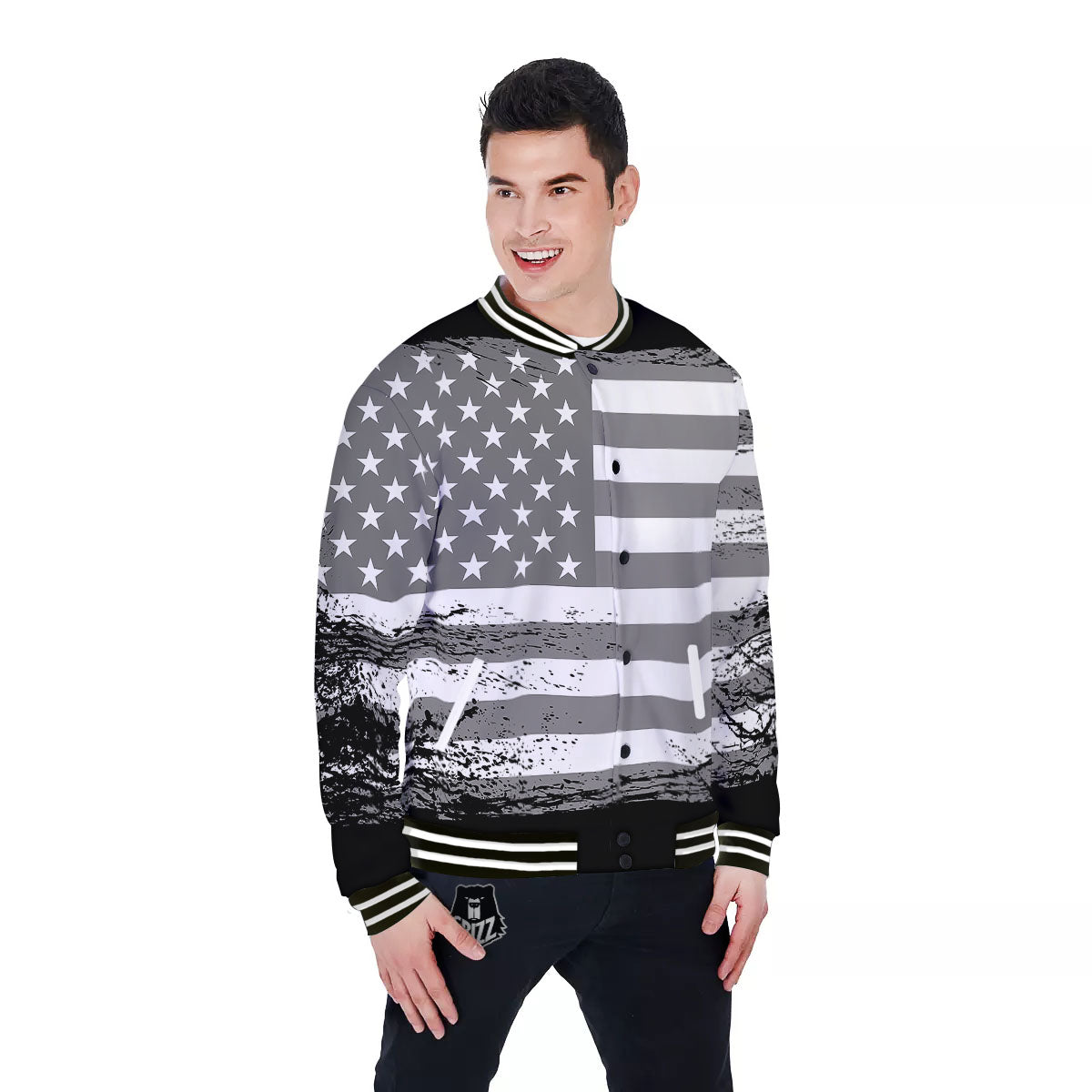 American Flag Grey Grunge Print Baseball Jacket-grizzshop