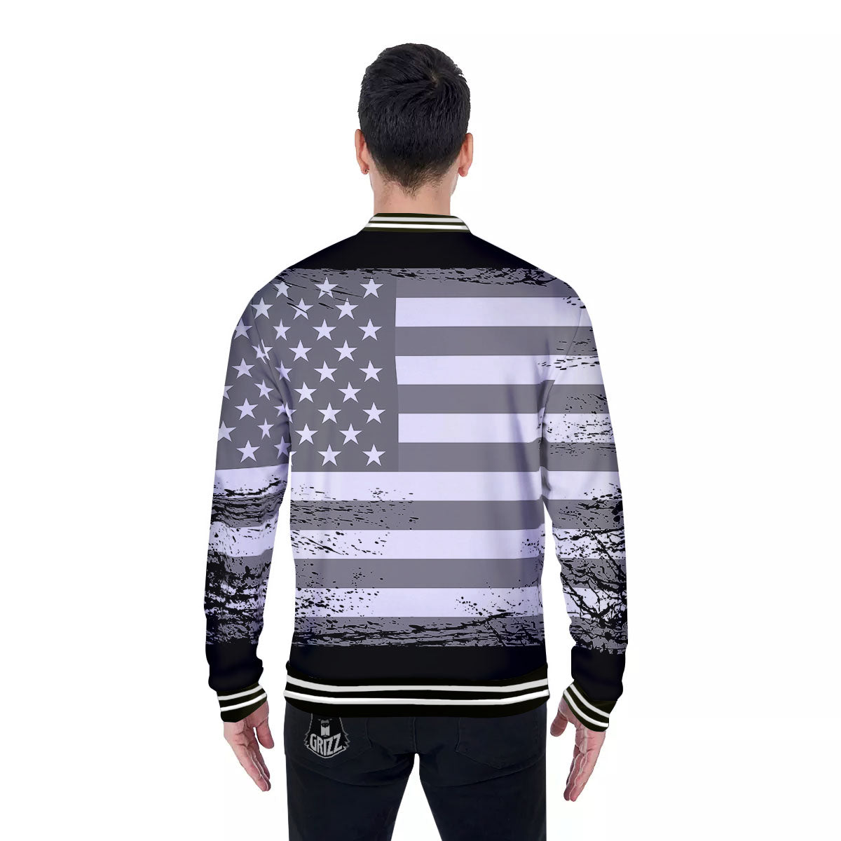 American Flag Grey Grunge Print Baseball Jacket-grizzshop
