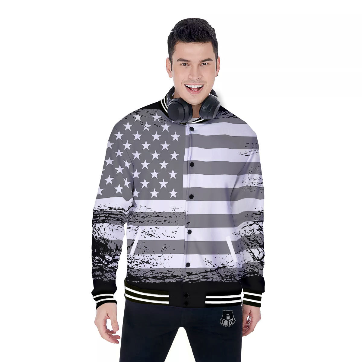 American Flag Grey Grunge Print Baseball Jacket-grizzshop