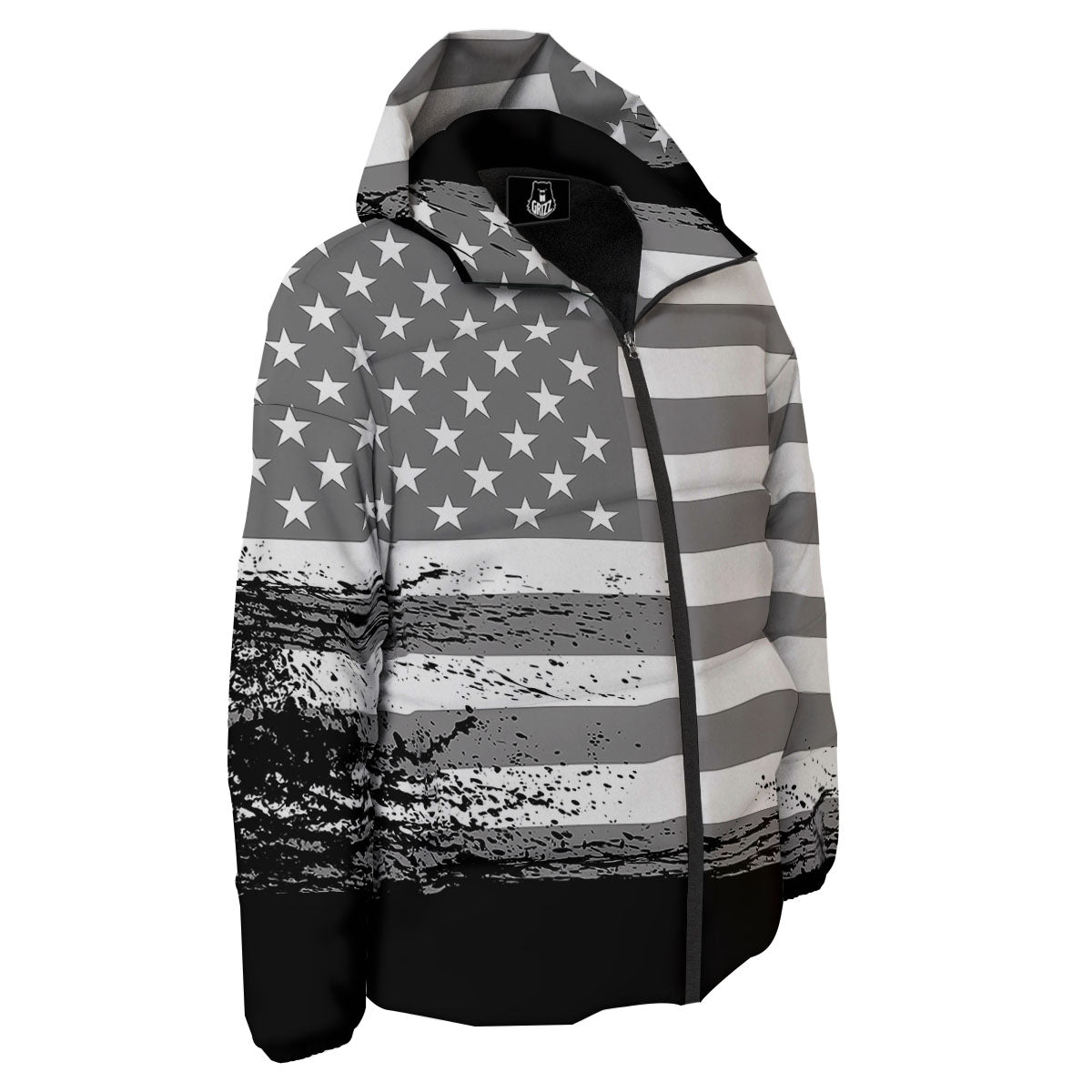 American Flag Grey Grunge Print Down Jacket-grizzshop