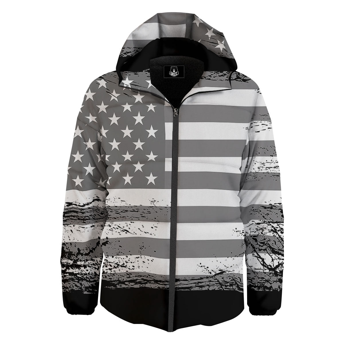 American Flag Grey Grunge Print Down Jacket-grizzshop
