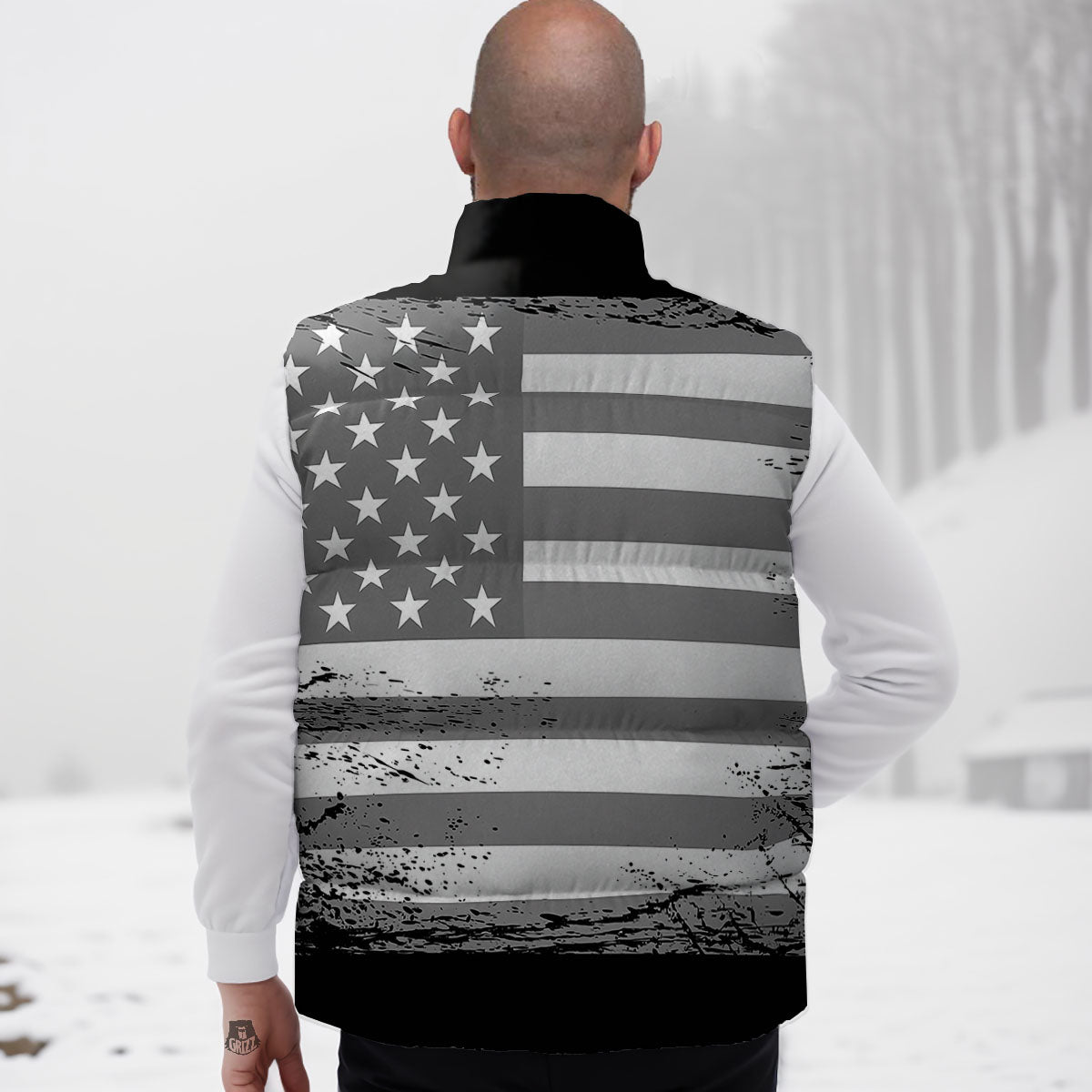 American Flag Grey Grunge Print Down Vest