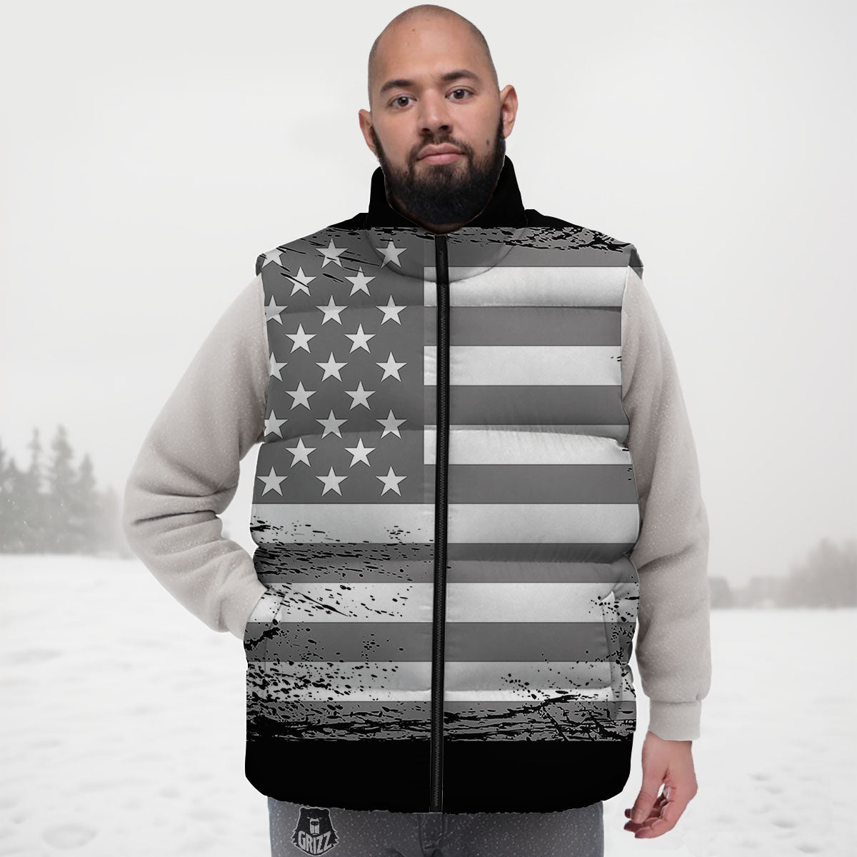 American Flag Grey Grunge Print Down Vest