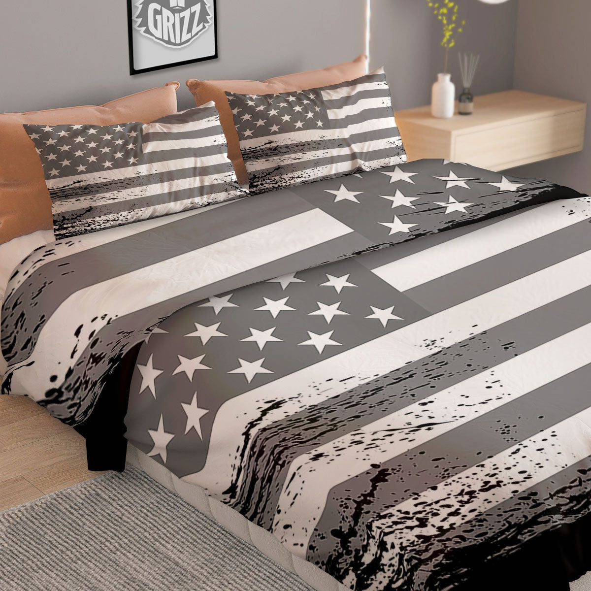 American Flag Grey Grunge Print Duvet Cover Bedding Set