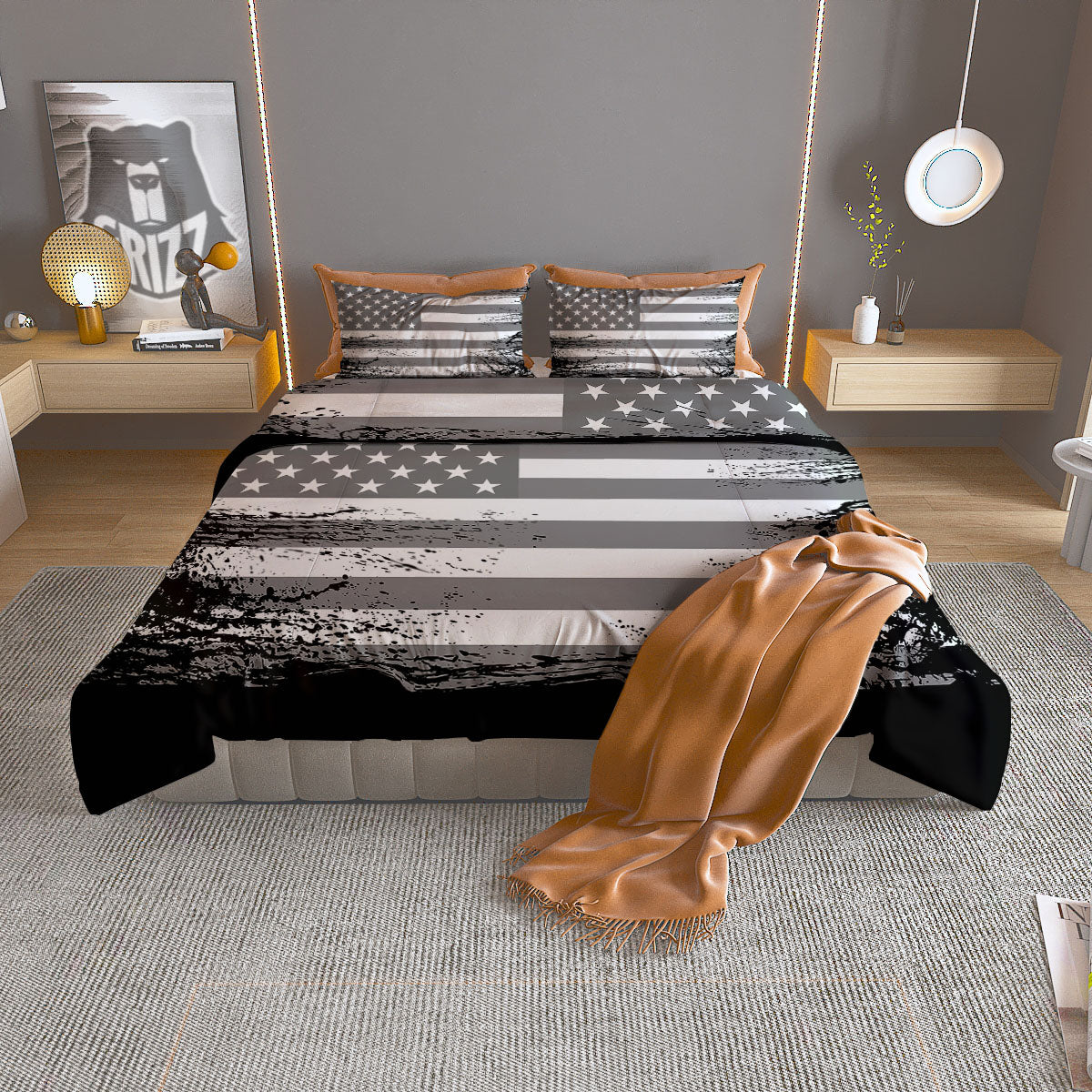 American Flag Grey Grunge Print Duvet Cover Bedding Set