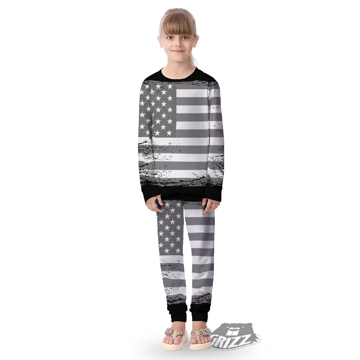 American Flag Grey Grunge Print Kid's Pajamas-grizzshop