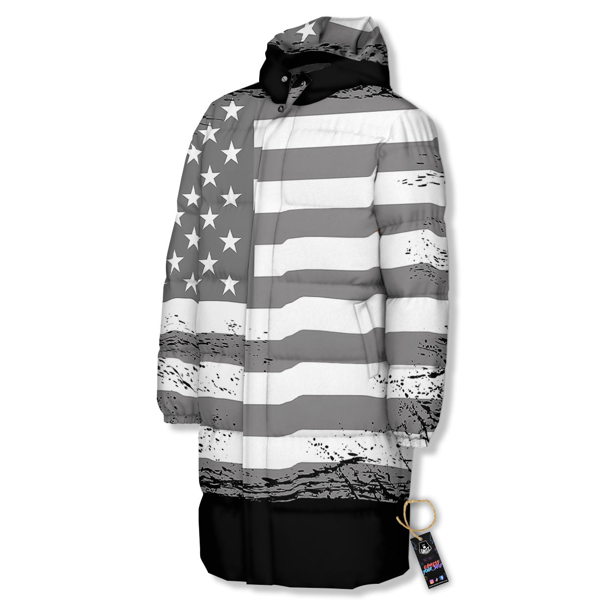 American Flag Grey Grunge Print Long Down Jacket-grizzshop