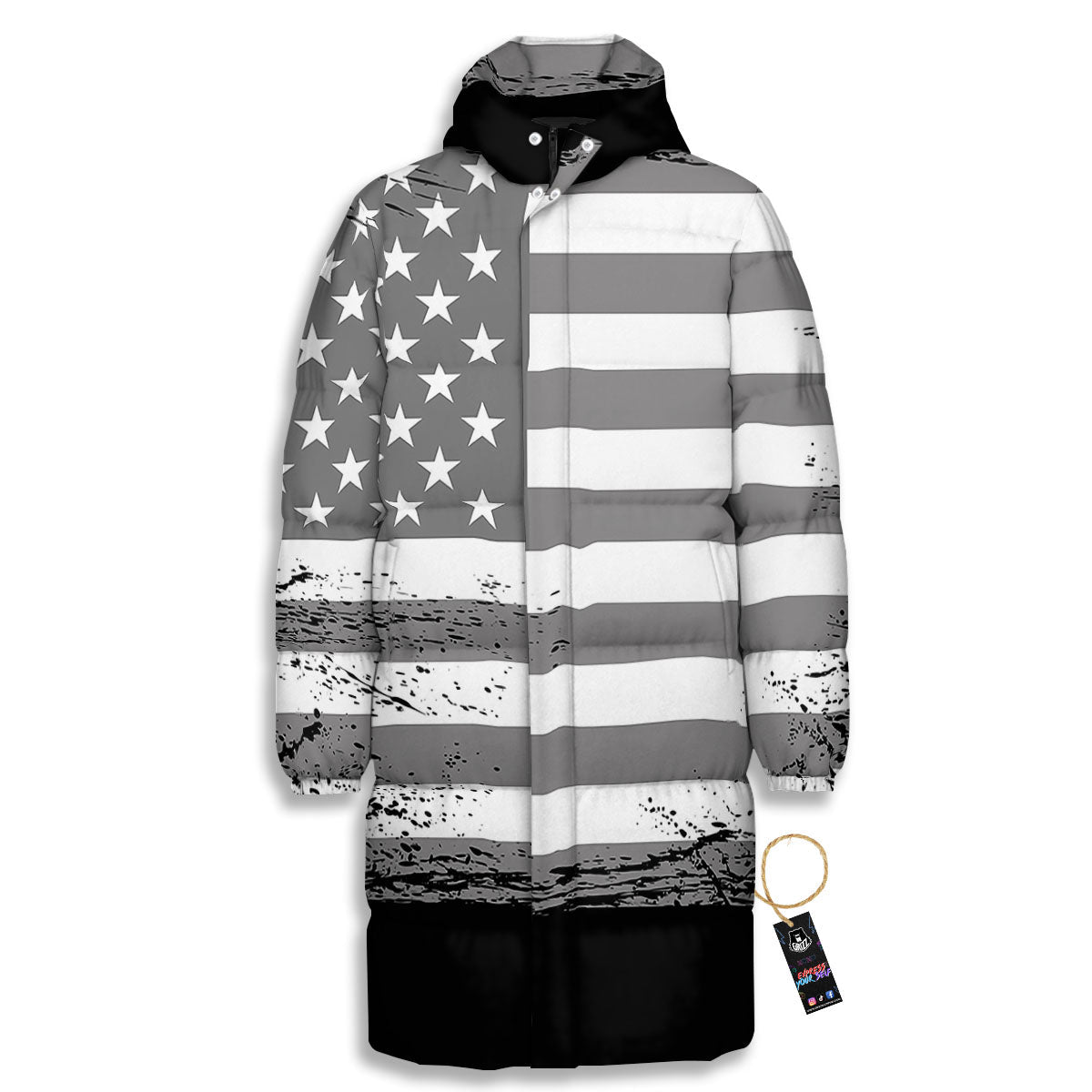 American Flag Grey Grunge Print Long Down Jacket-grizzshop