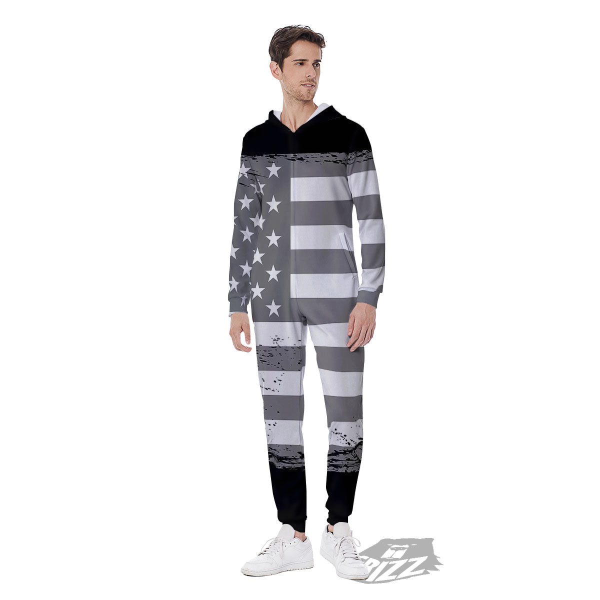 American Flag Grey Grunge Print Men's Jumpsuit-grizzshop
