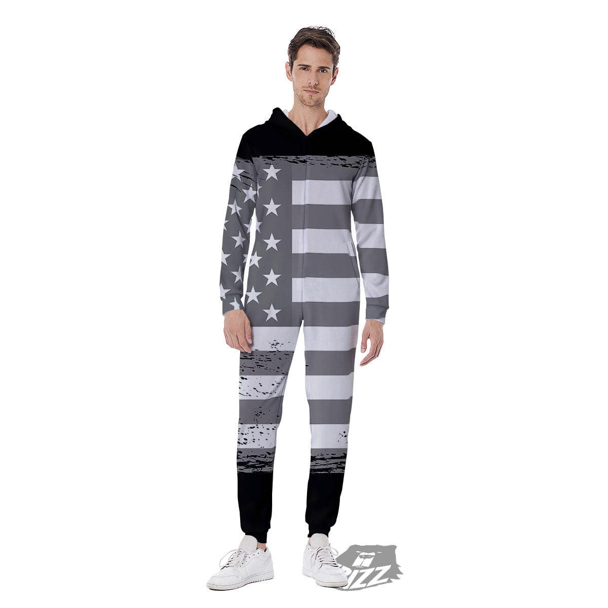 American Flag Grey Grunge Print Men's Jumpsuit-grizzshop
