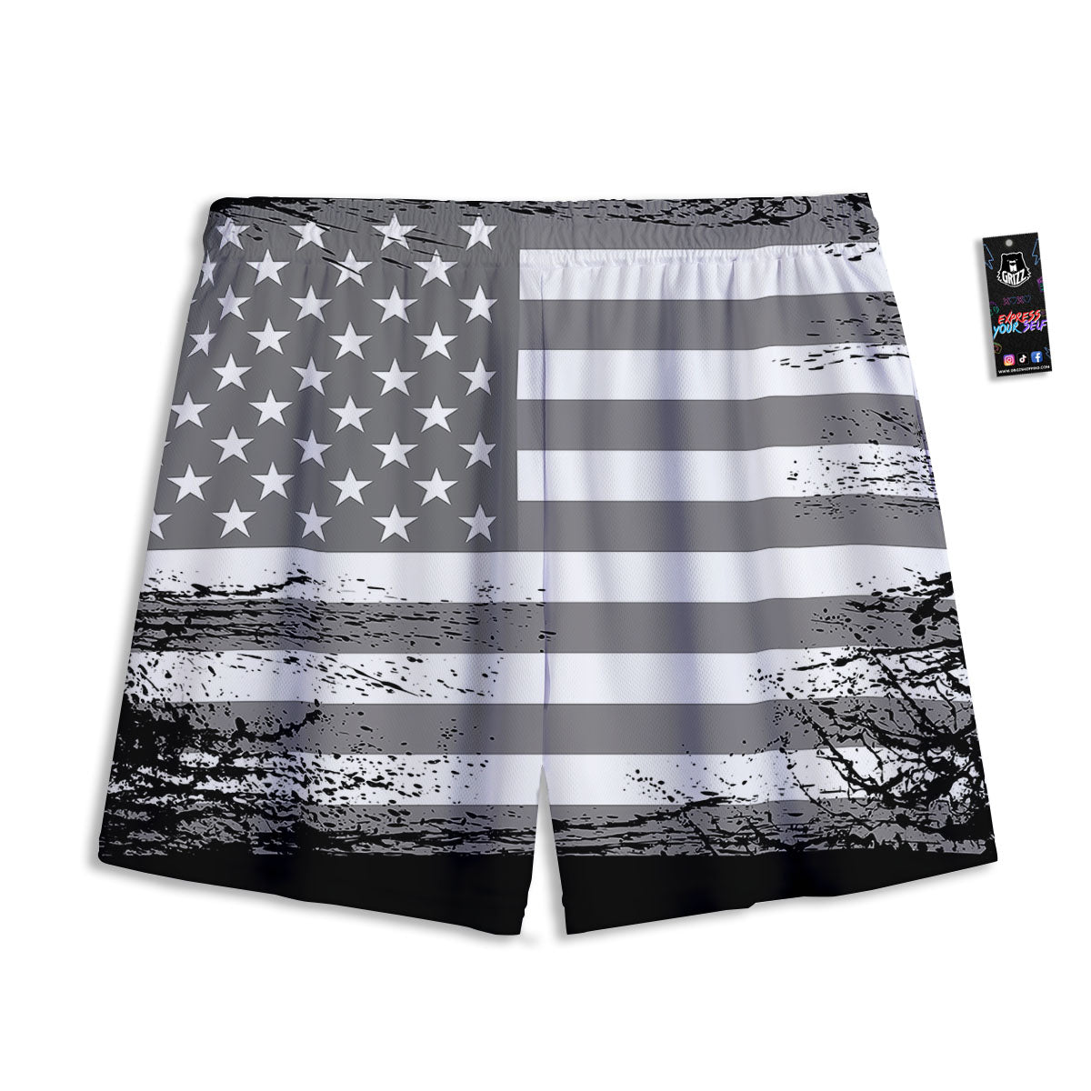 American Flag Grey Grunge Print Mesh Shorts