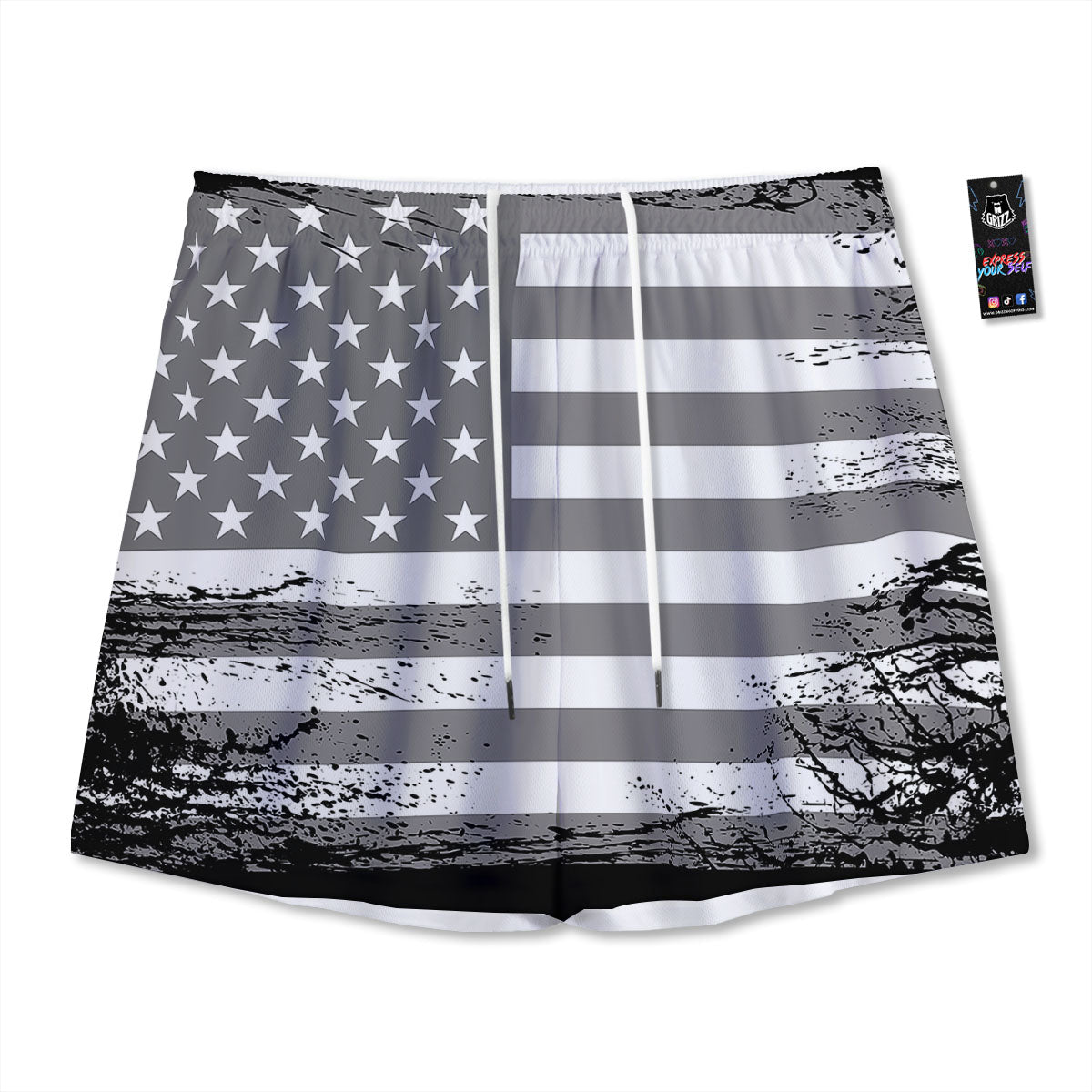 American Flag Grey Grunge Print Mesh Shorts