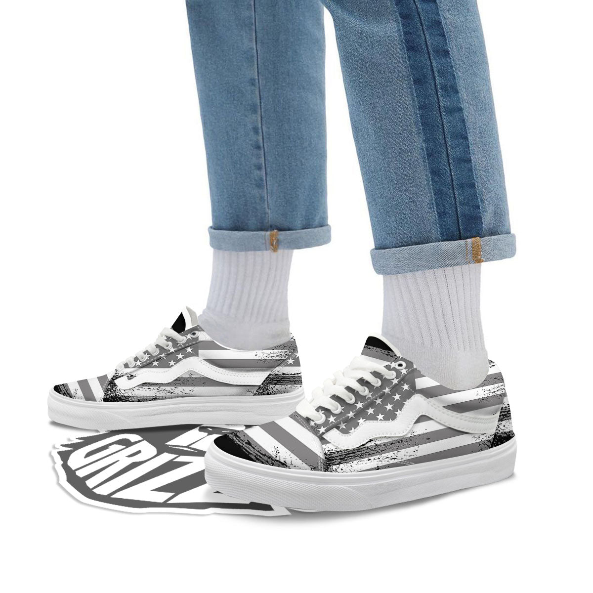 American Flag Grey Grunge Print Skate Shoes-grizzshop