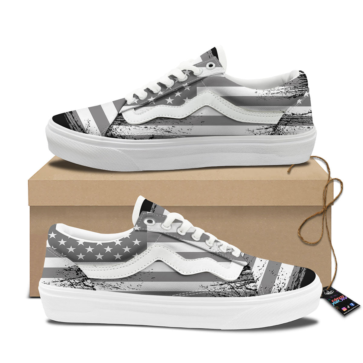 American Flag Grey Grunge Print Skate Shoes-grizzshop