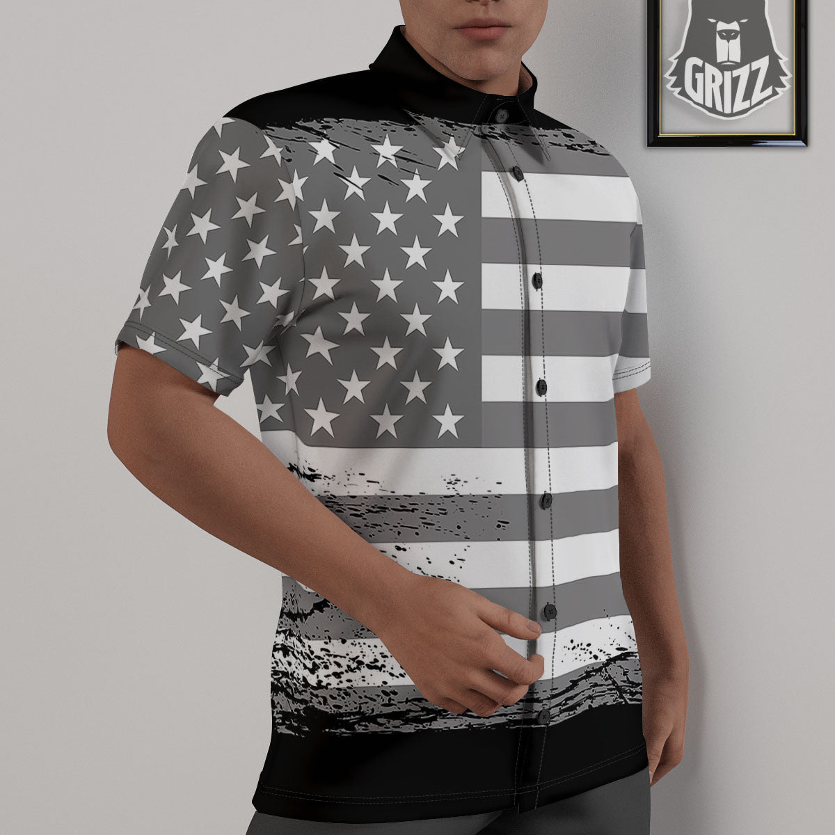 American Flag Grey Grunge Print Untucked Shirts-grizzshop
