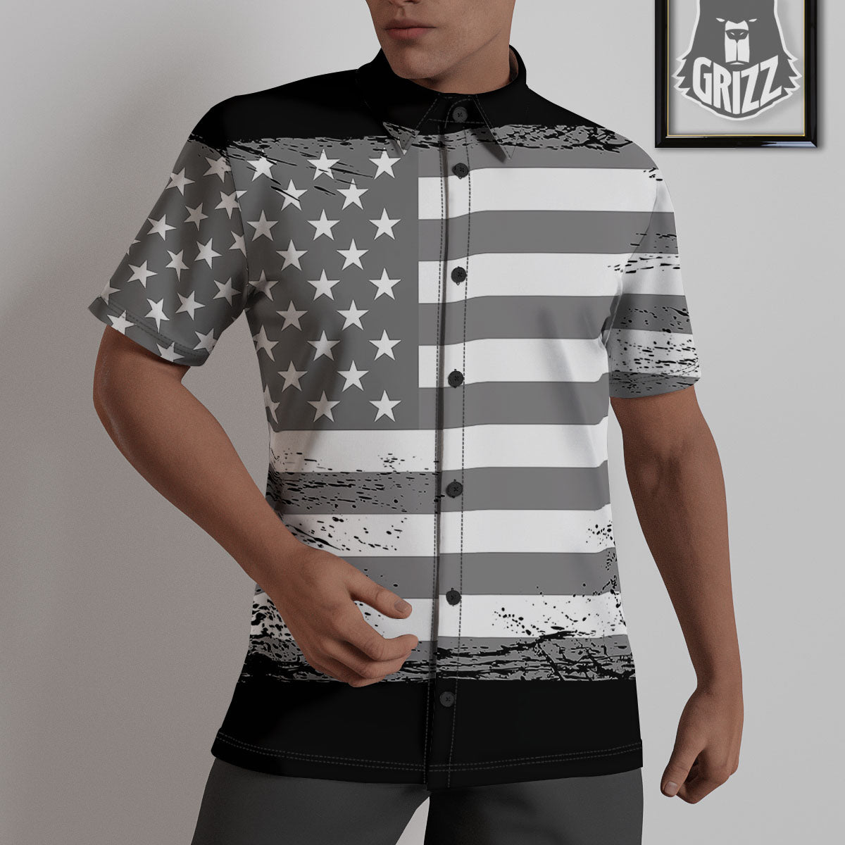 American Flag Grey Grunge Print Untucked Shirts-grizzshop