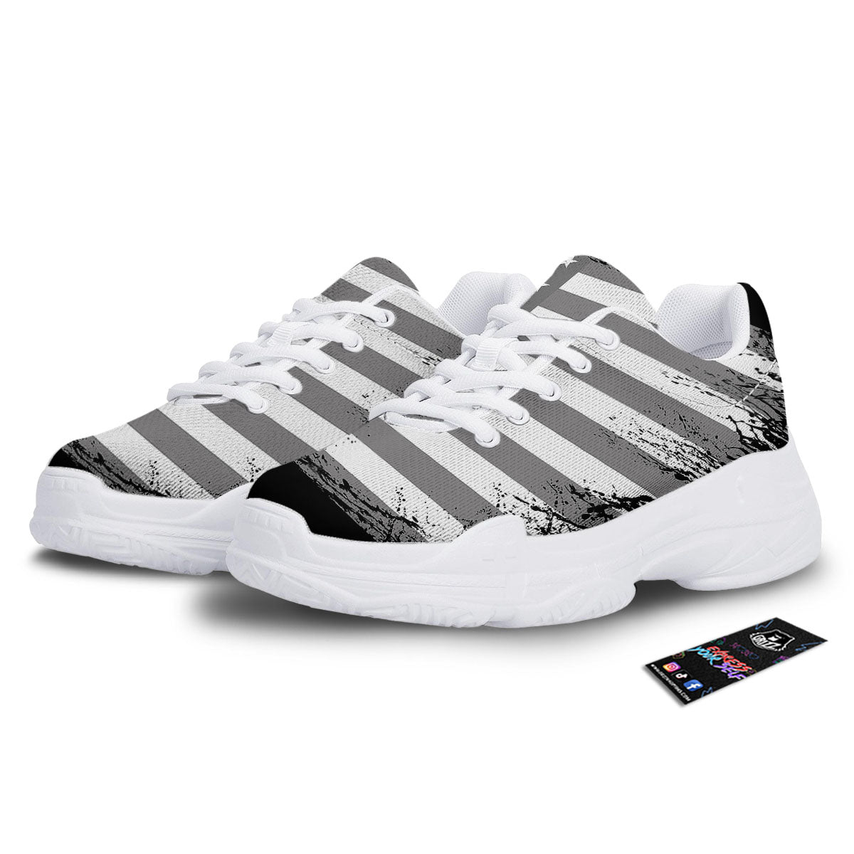American Flag Grey Grunge Print White Chunky Shoes-grizzshop