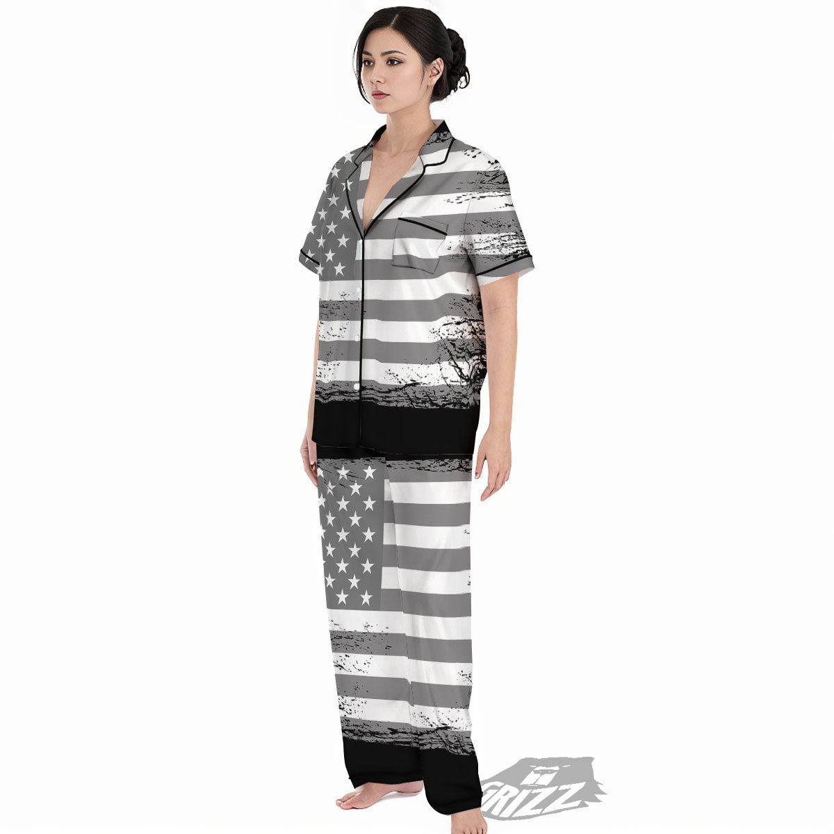 American Flag Grey Grunge Print Women's Pajamas Set-grizzshop
